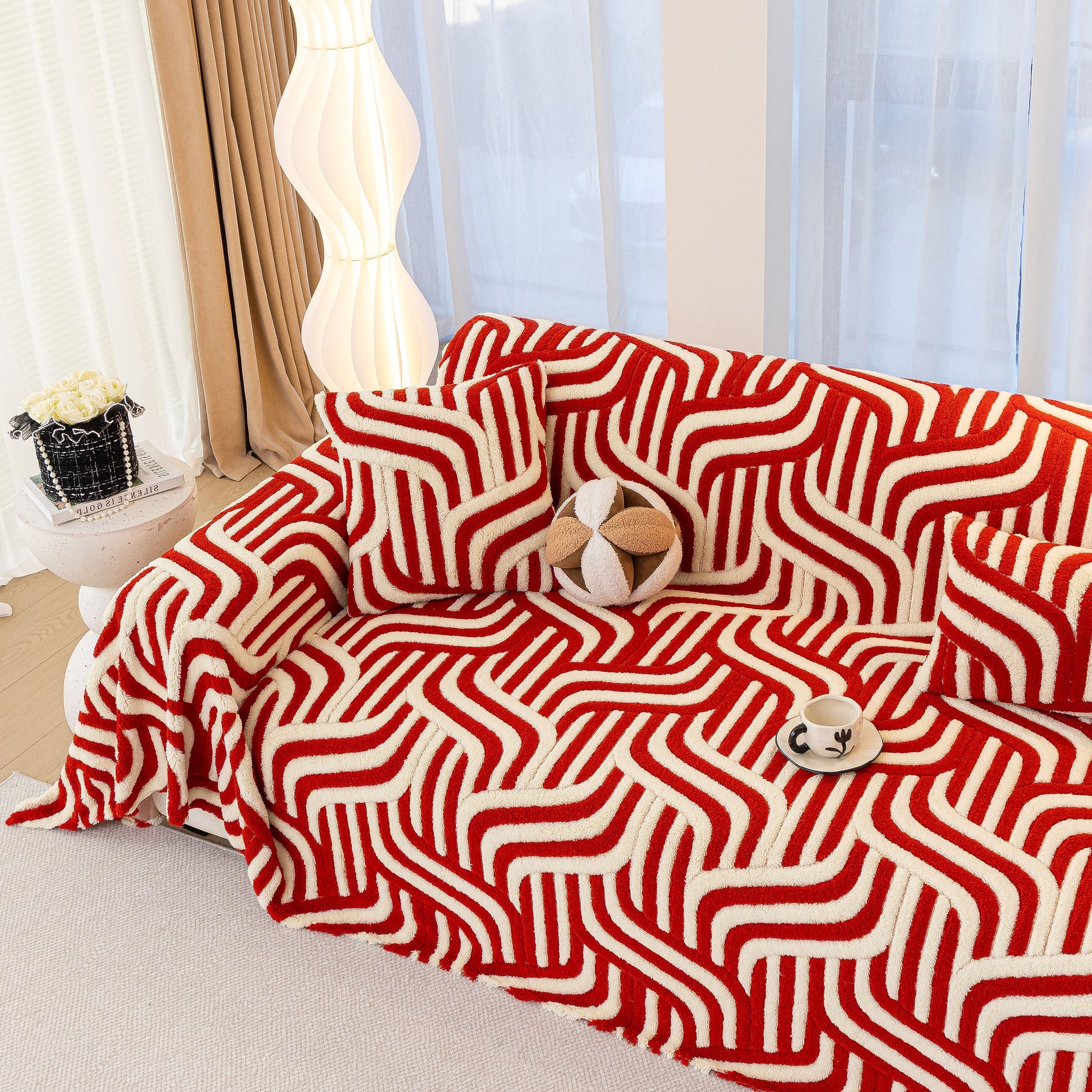 Plush Sherpa Sofa Throw Cover for Sectional, Jacquard Wave Throw Furniture Protector - Ornate Home