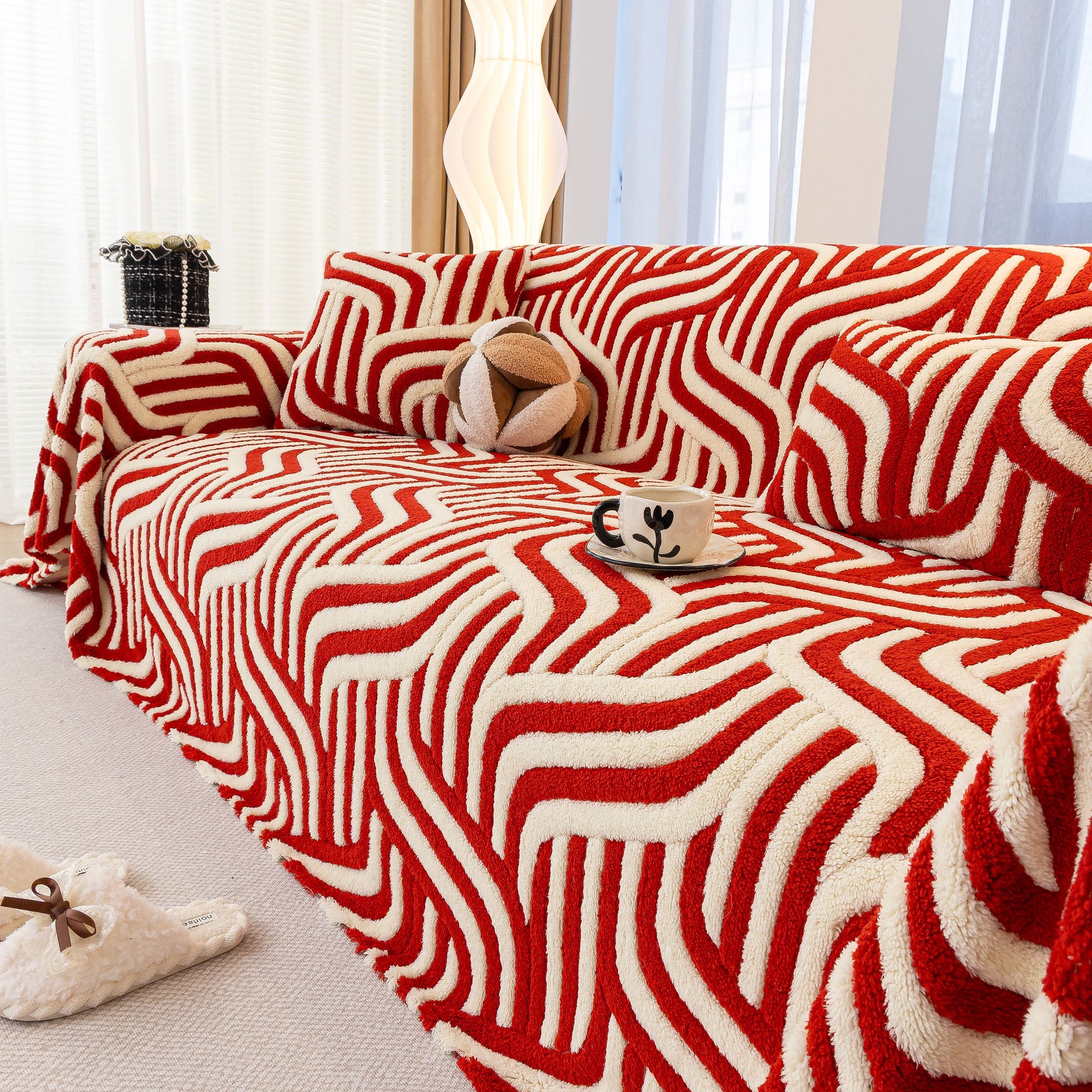 Plush Sherpa Sofa Throw Cover for Sectional, Jacquard Wave Throw Furniture Protector - Ornate Home