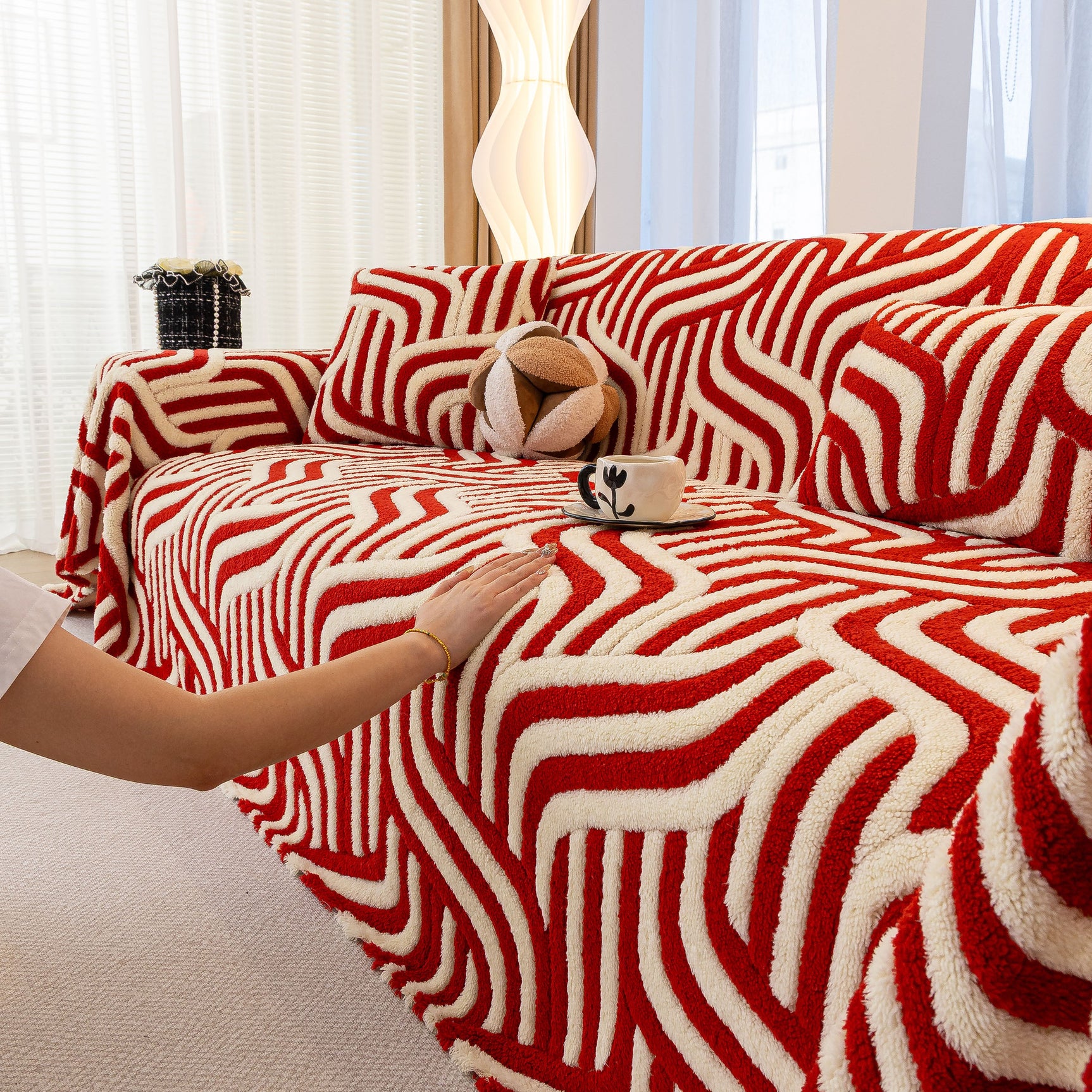 Plush Sherpa Sofa Throw Cover for Sectional, Jacquard Wave Throw Furniture Protector - Ornate Home