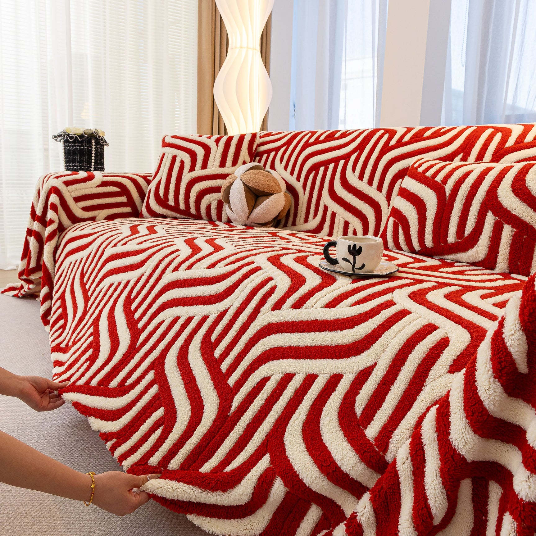 Plush Sherpa Sofa Throw Cover for Sectional, Jacquard Wave Throw Furniture Protector - Ornate Home