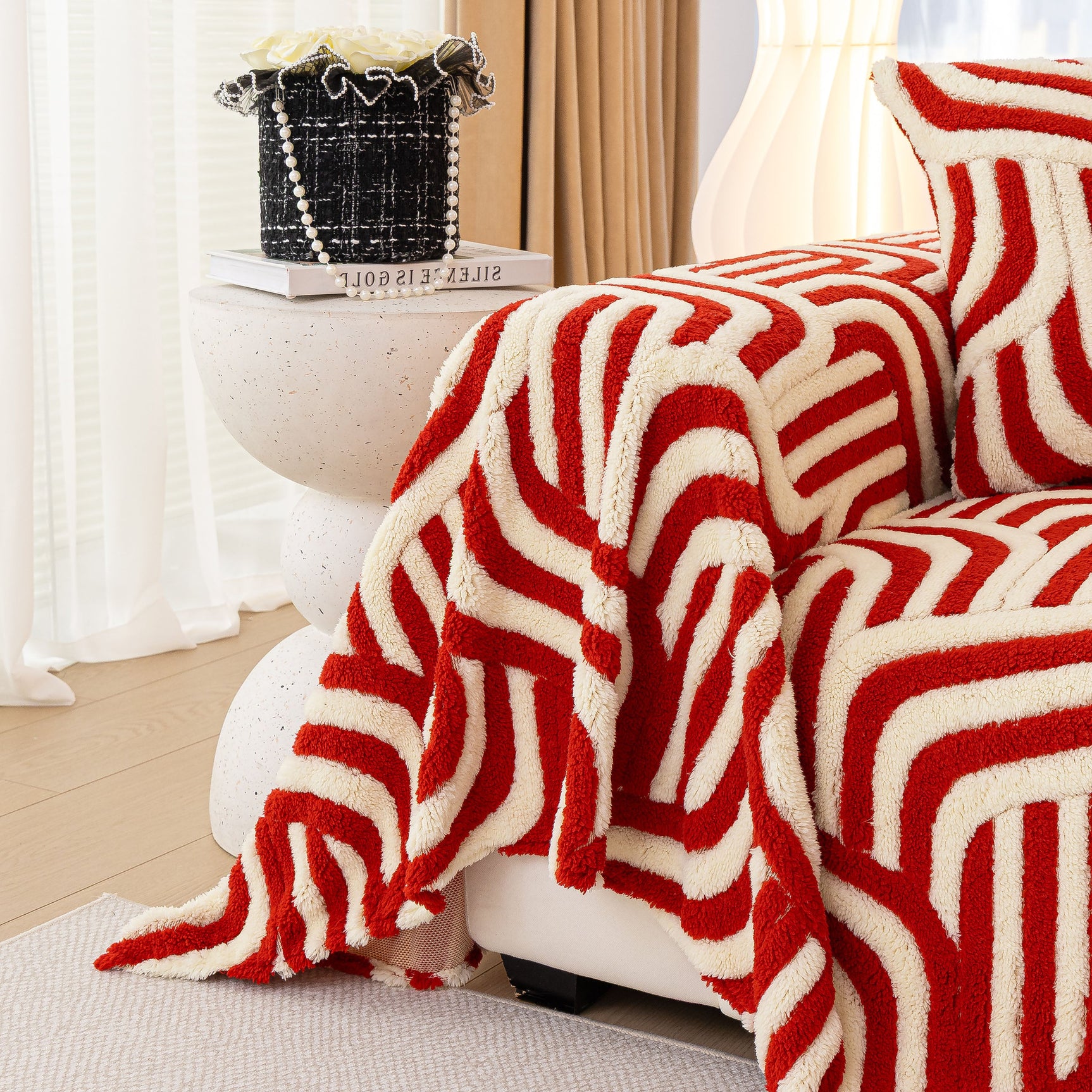 Plush Sherpa Sofa Throw Cover for Sectional, Jacquard Wave Throw Furniture Protector - Ornate Home