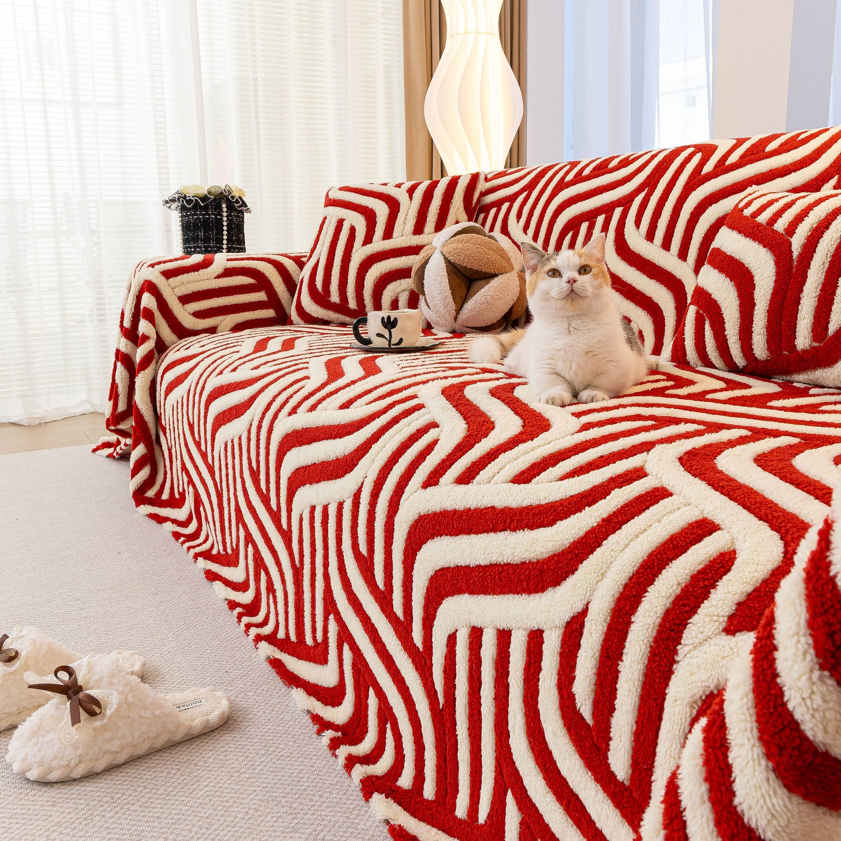 Plush Sherpa Sofa Throw Cover for Sectional, Jacquard Wave Throw Furniture Protector - Ornate Home