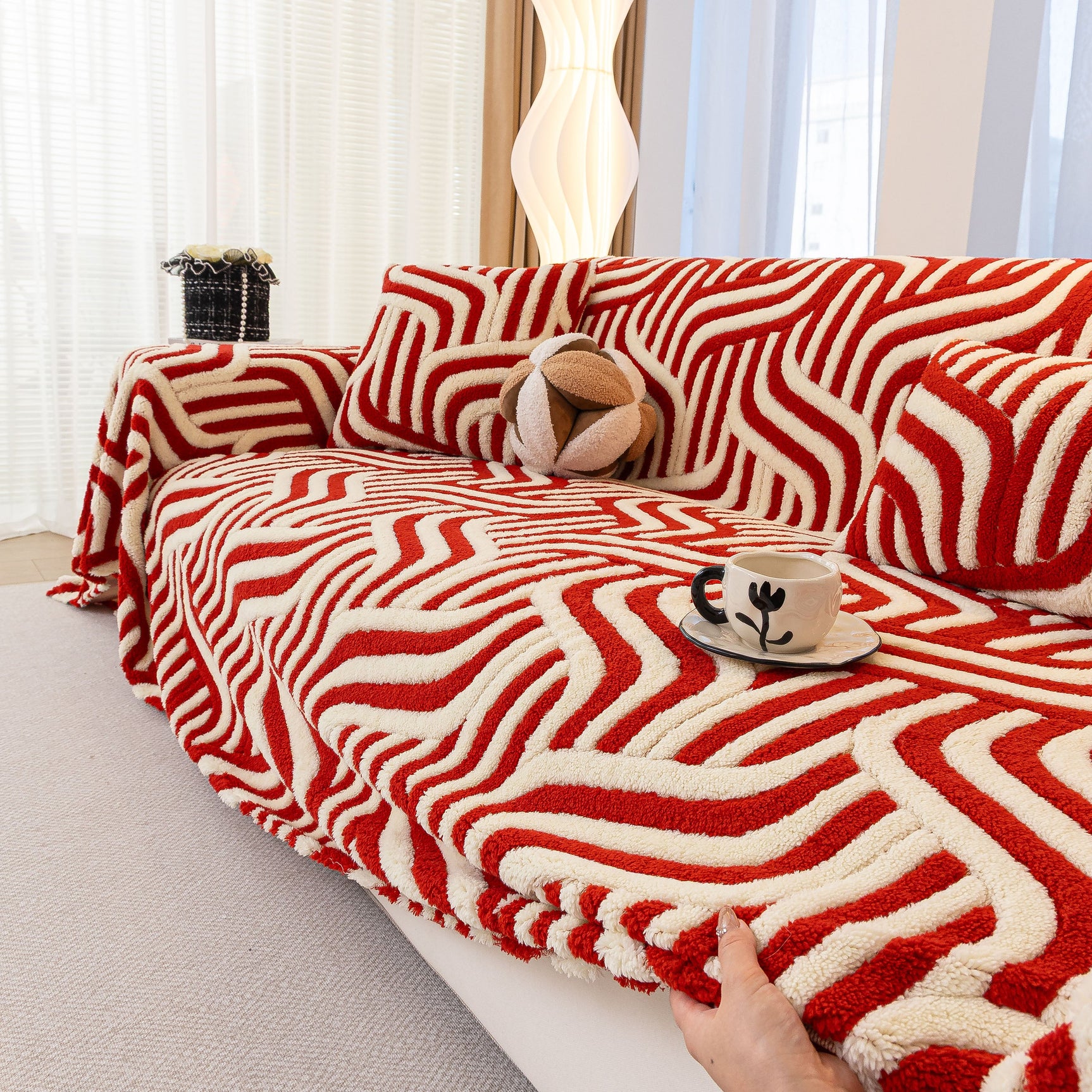 Plush Sherpa Sofa Throw Cover for Sectional, Jacquard Wave Throw Furniture Protector - Ornate Home
