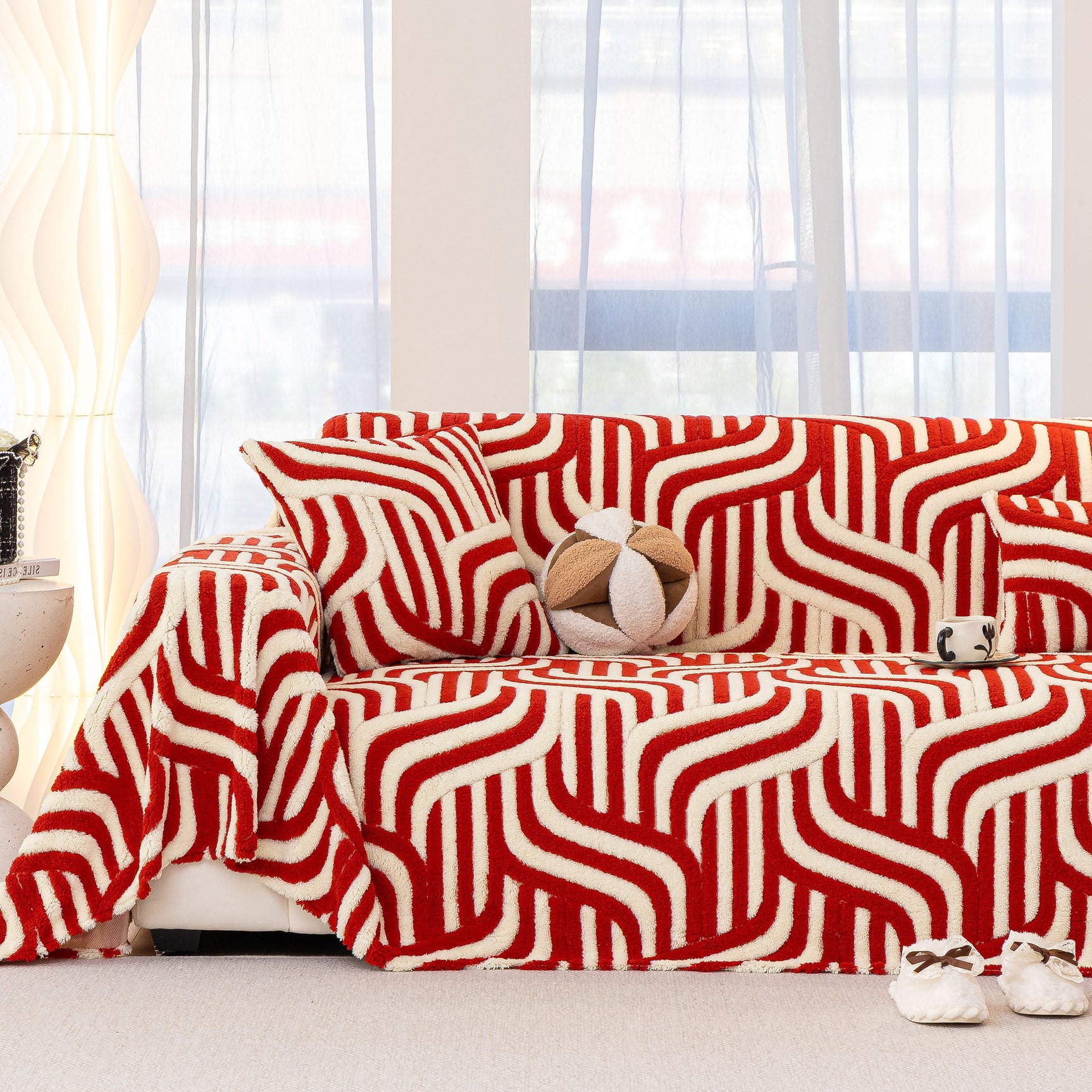 Plush Sherpa Sofa Throw Cover for Sectional, Jacquard Wave Throw Furniture Protector - Ornate Home