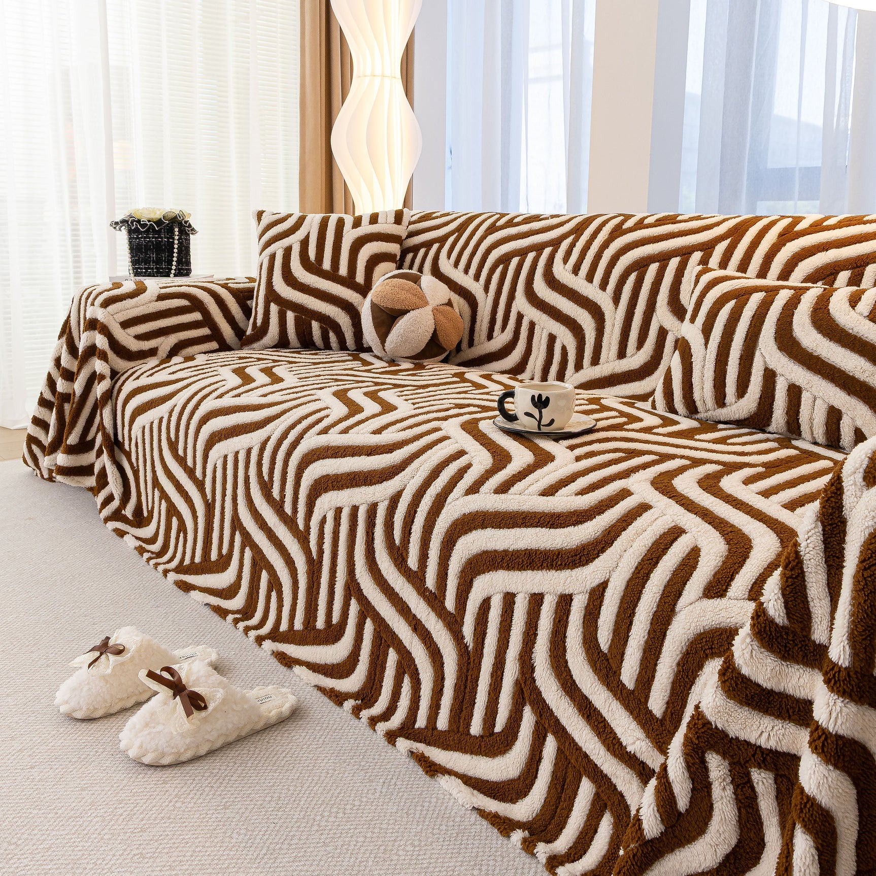 Plush Sherpa Sofa Throw Cover for Sectional, Jacquard Wave Throw Furniture Protector - Ornate Home