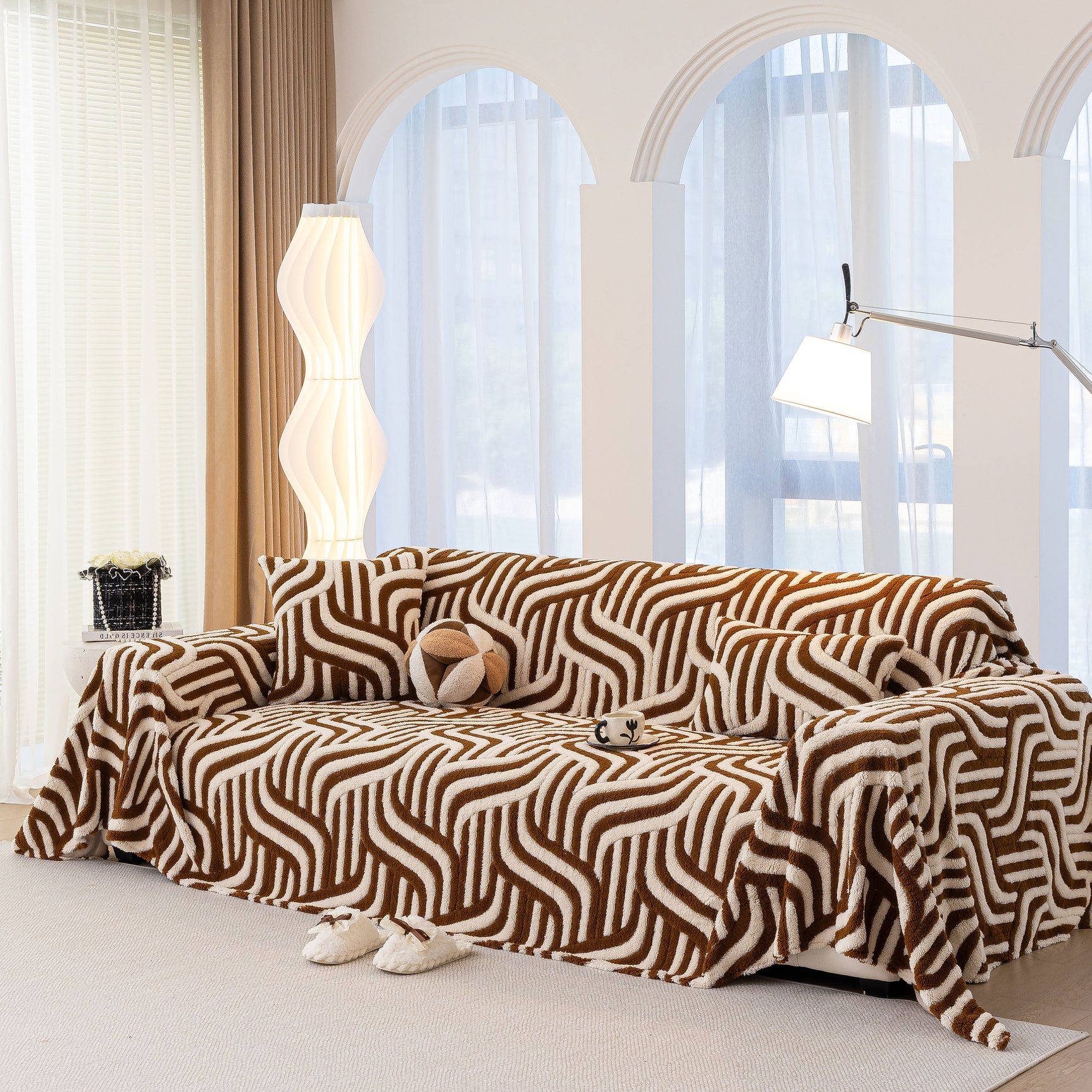 Plush Sherpa Sofa Throw Cover for Sectional, Jacquard Wave Throw Furniture Protector - Ornate Home