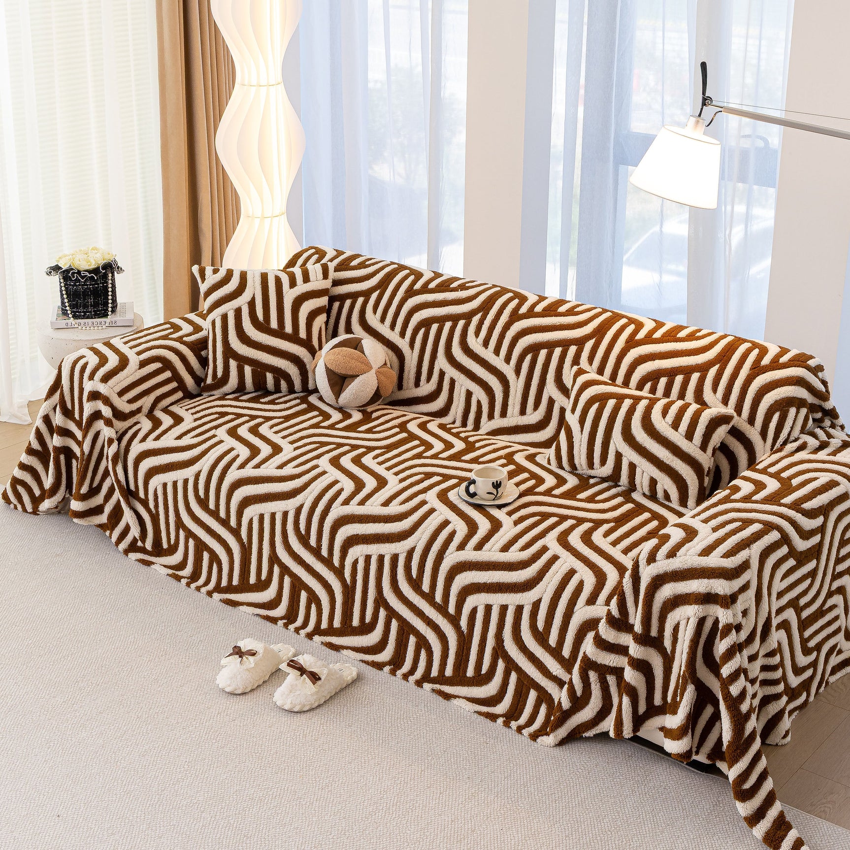 Plush Sherpa Sofa Throw Cover for Sectional, Jacquard Wave Throw Furniture Protector - Ornate Home