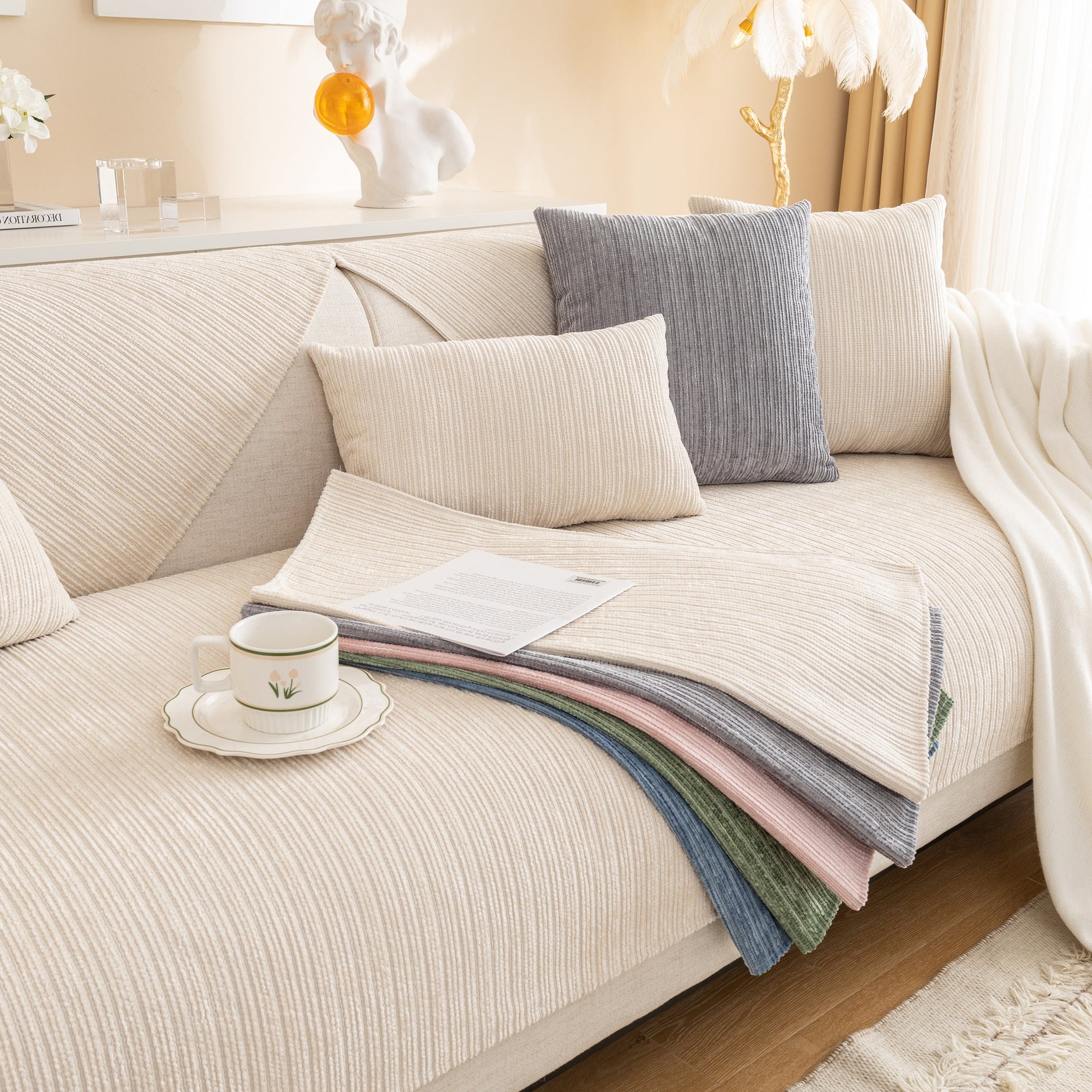 Plush Solid Color Striped L-Shaped Sofa Slipcovers, Washable Non-Slip Textured Furniture Covers - Ornate Home