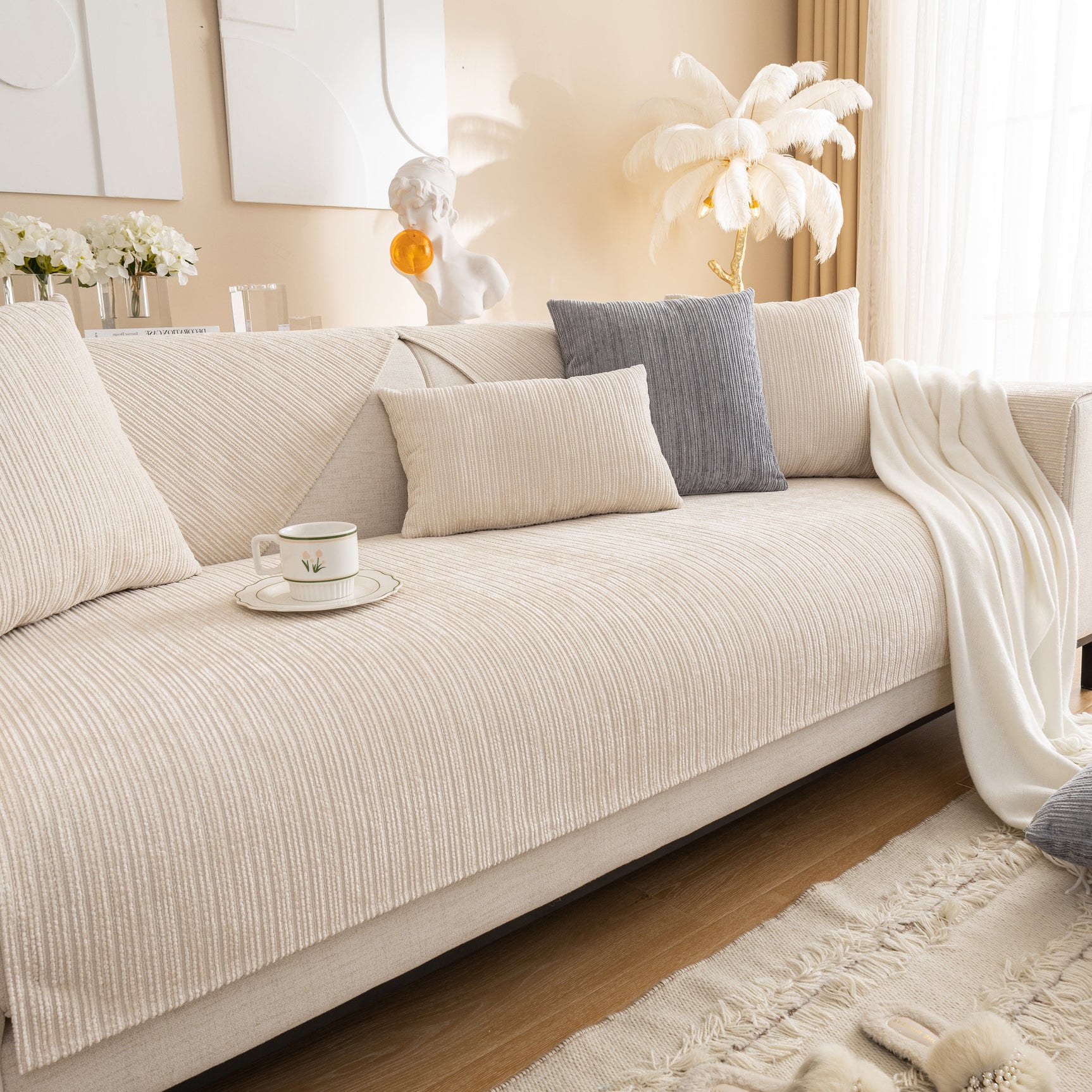 Plush Solid Color Striped L-Shaped Sofa Slipcovers, Washable Non-Slip Textured Furniture Covers - Ornate Home