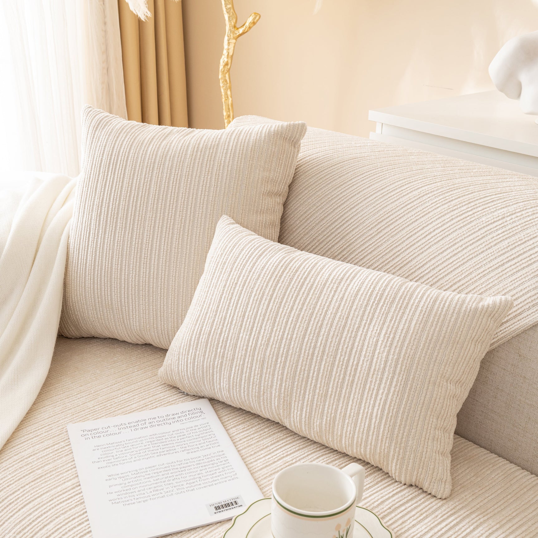 Plush Solid Color Striped L-Shaped Sofa Slipcovers, Washable Non-Slip Textured Furniture Covers - Ornate Home