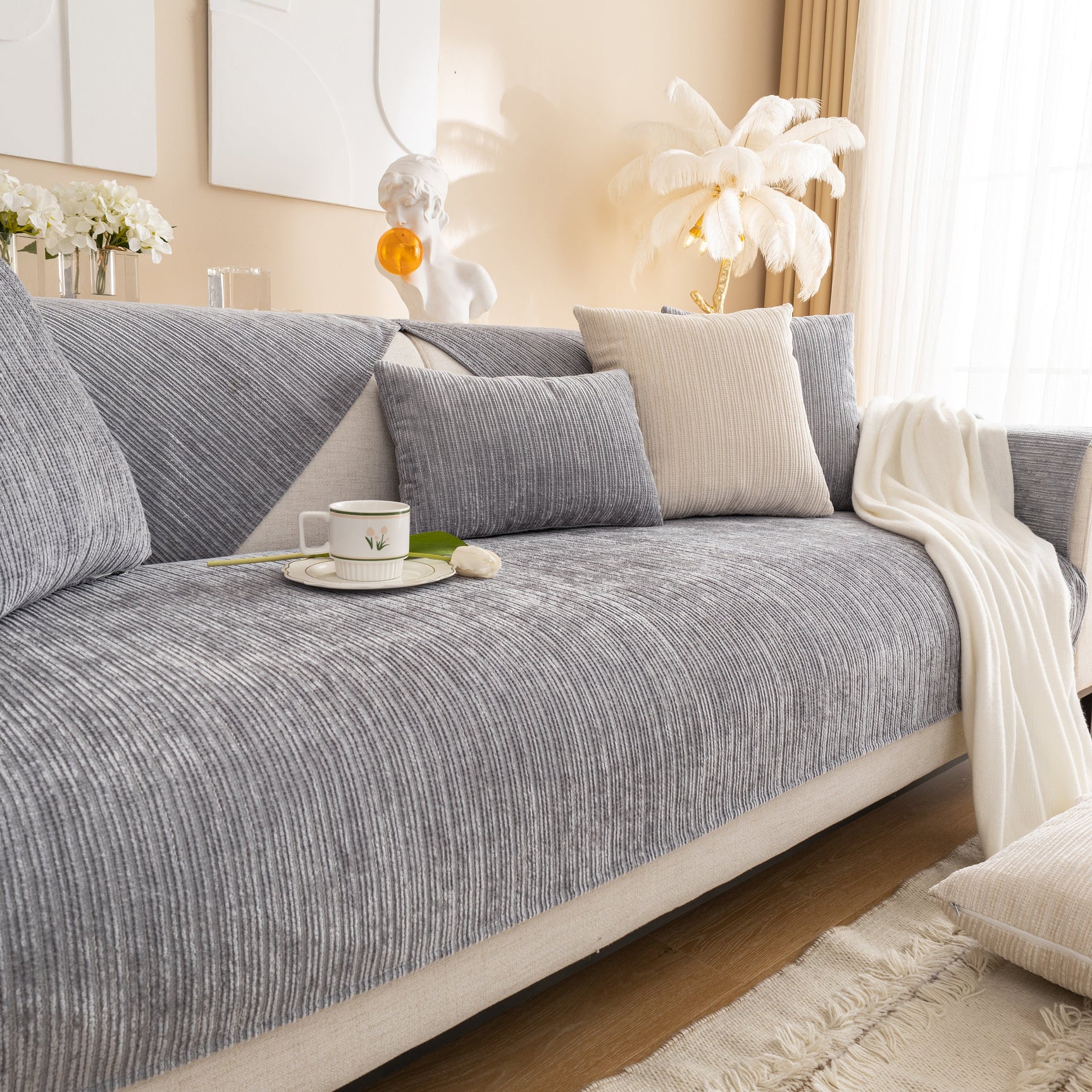 Plush Solid Color Striped L-Shaped Sofa Slipcovers, Washable Non-Slip Textured Furniture Covers - Ornate Home