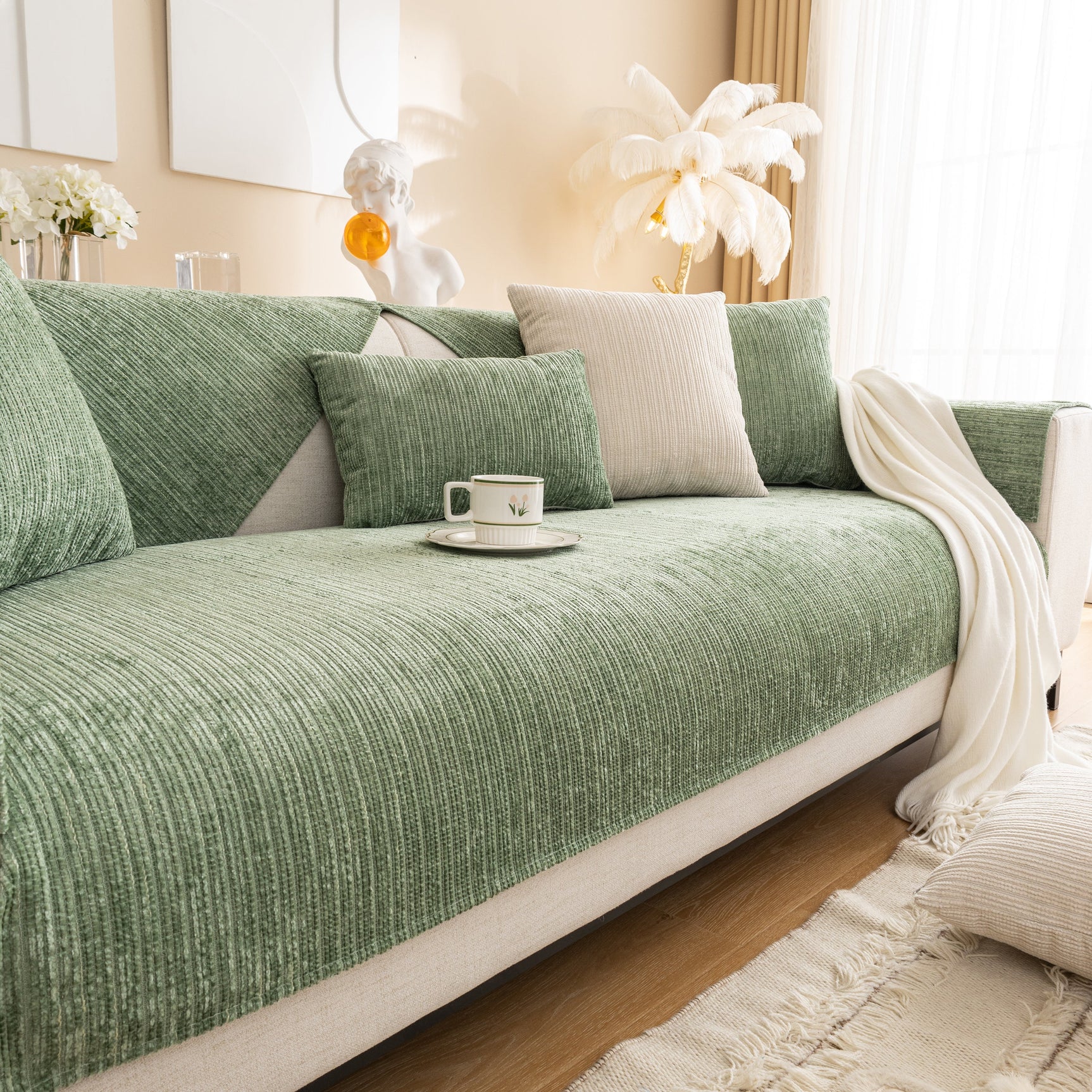 Plush Solid Color Striped L-Shaped Sofa Slipcovers, Washable Non-Slip Textured Furniture Covers - Ornate Home