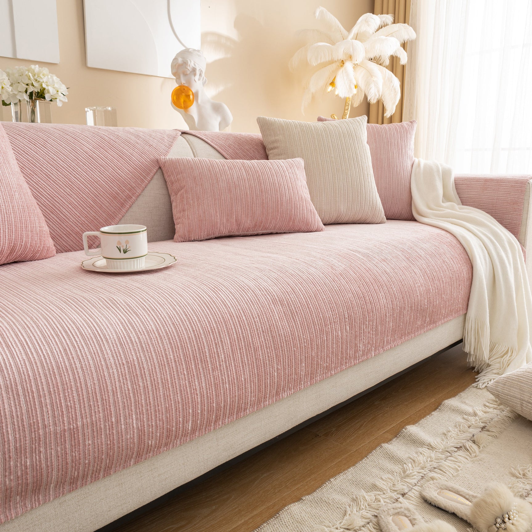 Plush Solid Color Striped L-Shaped Sofa Slipcovers, Washable Non-Slip Textured Furniture Covers - Ornate Home