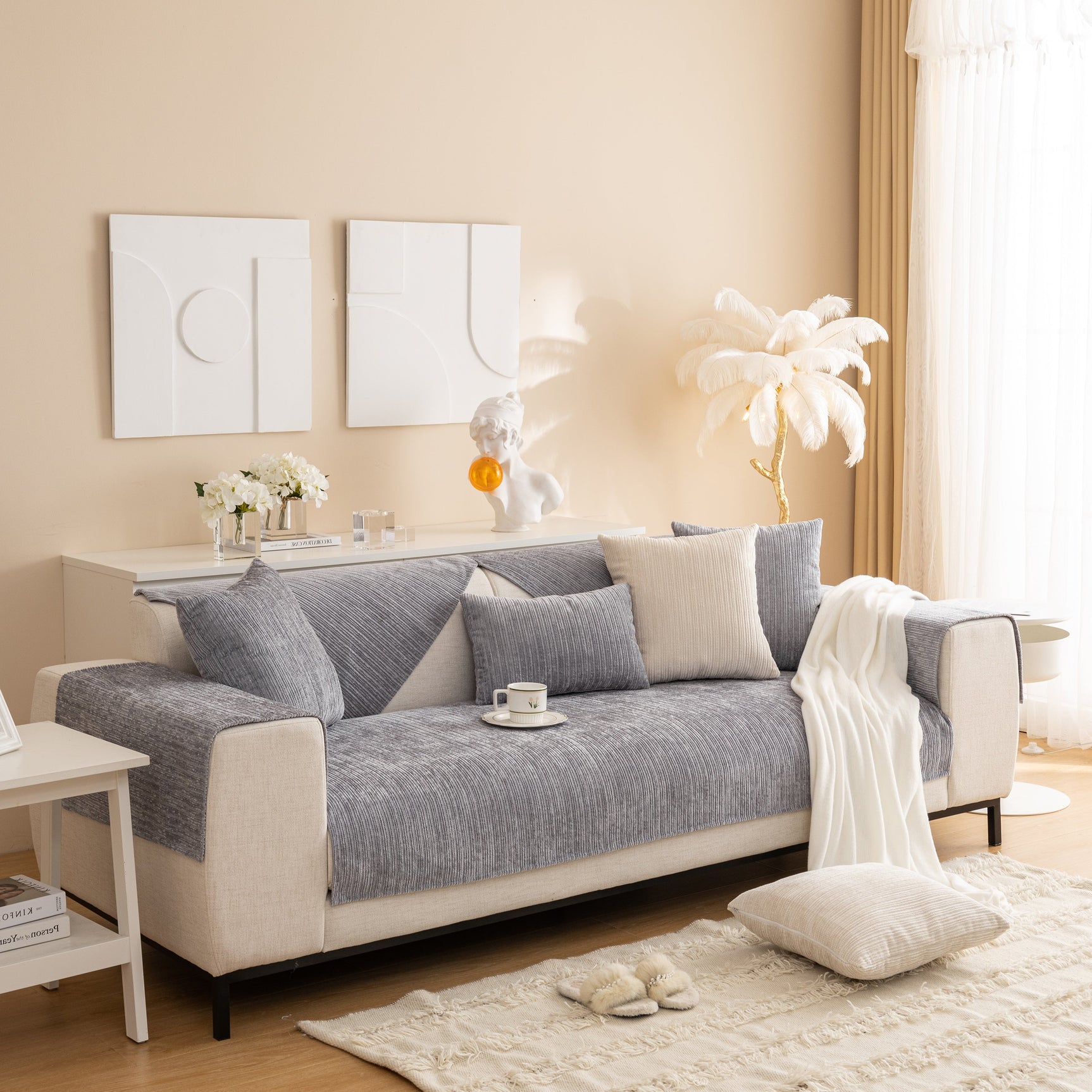 Plush Solid Color Striped L-Shaped Sofa Slipcovers, Washable Non-Slip Textured Furniture Covers - Ornate Home
