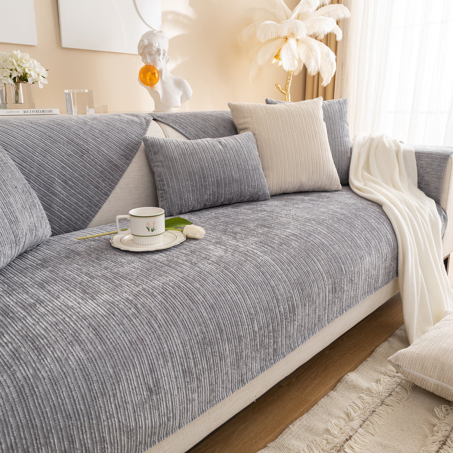 Plush Solid Color Striped L-Shaped Sofa Slipcovers, Washable Non-Slip Textured Furniture Covers - Ornate Home