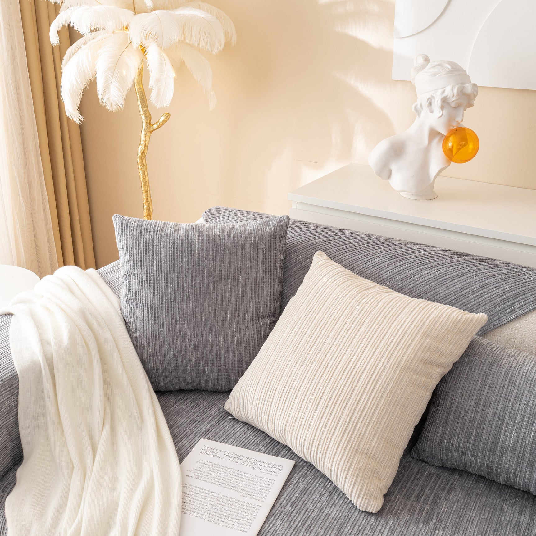 Plush Solid Color Striped L-Shaped Sofa Slipcovers, Washable Non-Slip Textured Furniture Covers - Ornate Home
