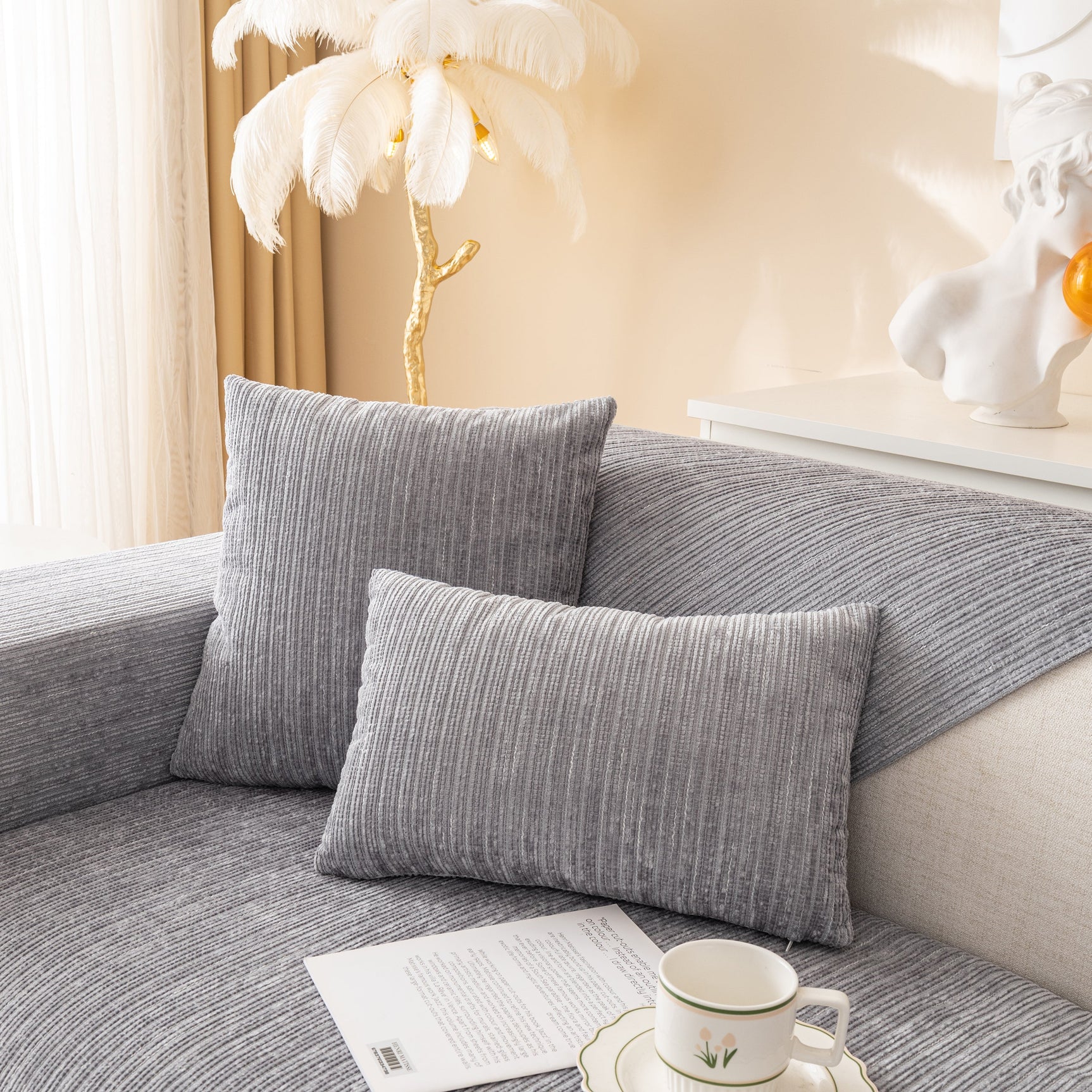 Plush Solid Color Striped L-Shaped Sofa Slipcovers, Washable Non-Slip Textured Furniture Covers - Ornate Home