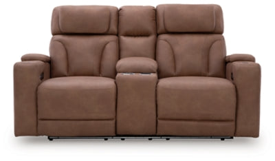 Point Clear Caramel-Dual Power Reclining Loveseat with Console - Ornate Home