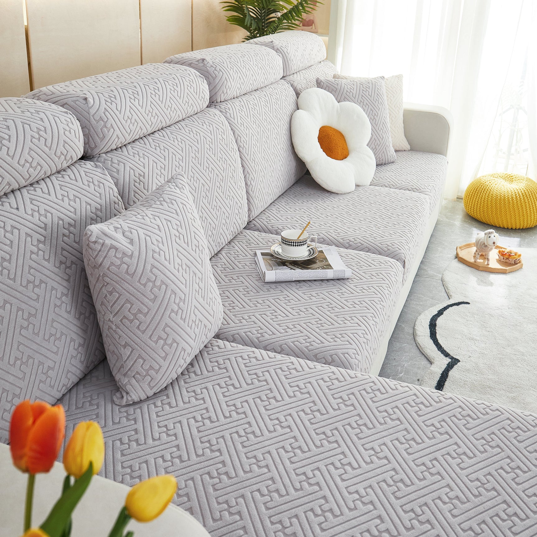 Polar Fleece Couch Cushion Covers, Stretch Sofa Seat Cushion Covers, Elastic Furniture Protector for Pets, Kid - Ornate Home