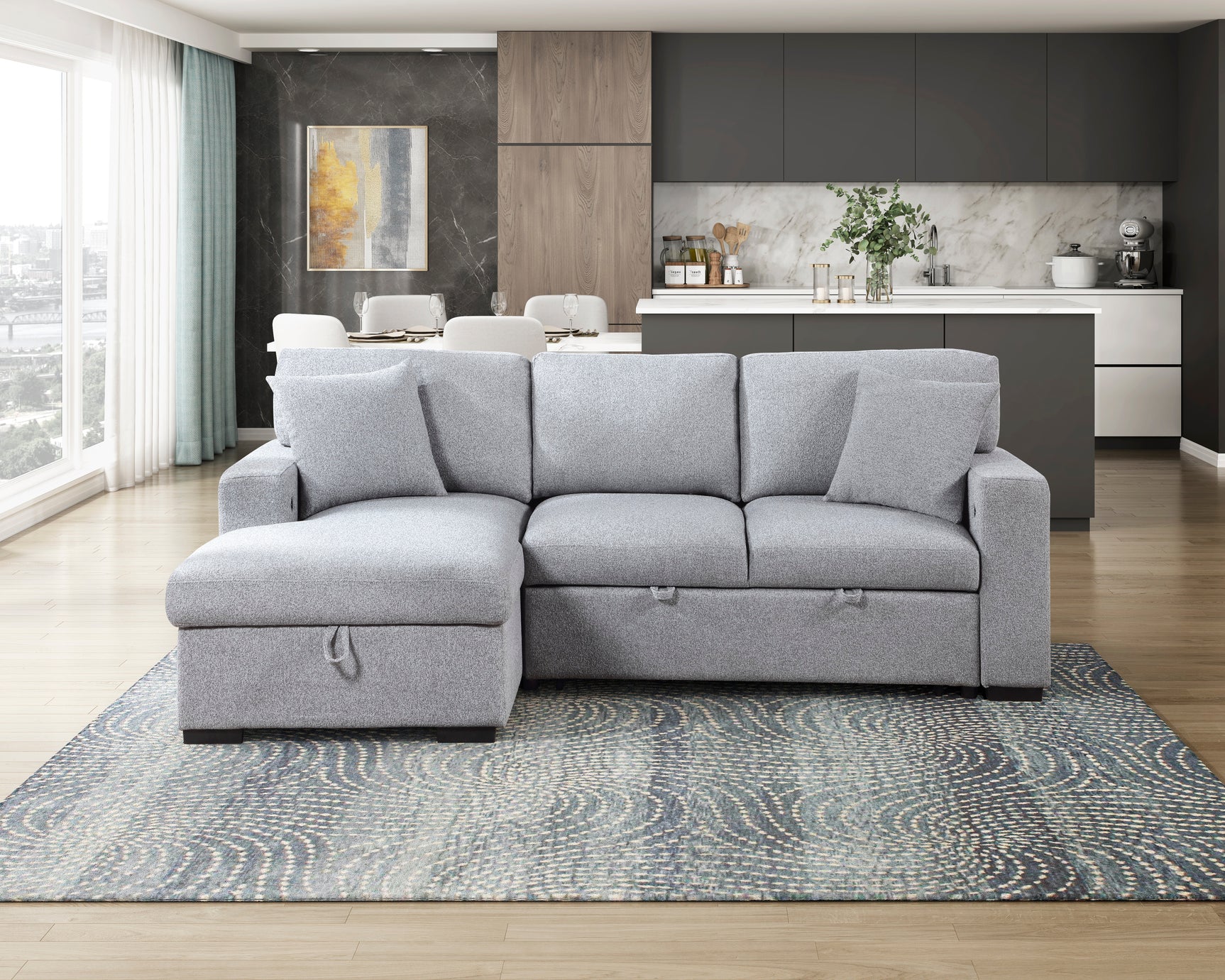 Pompano Sleeper Sectional with Left Chaise, Pull-out Bed and Hidden Storage, Charging Ports - Ornate Home
