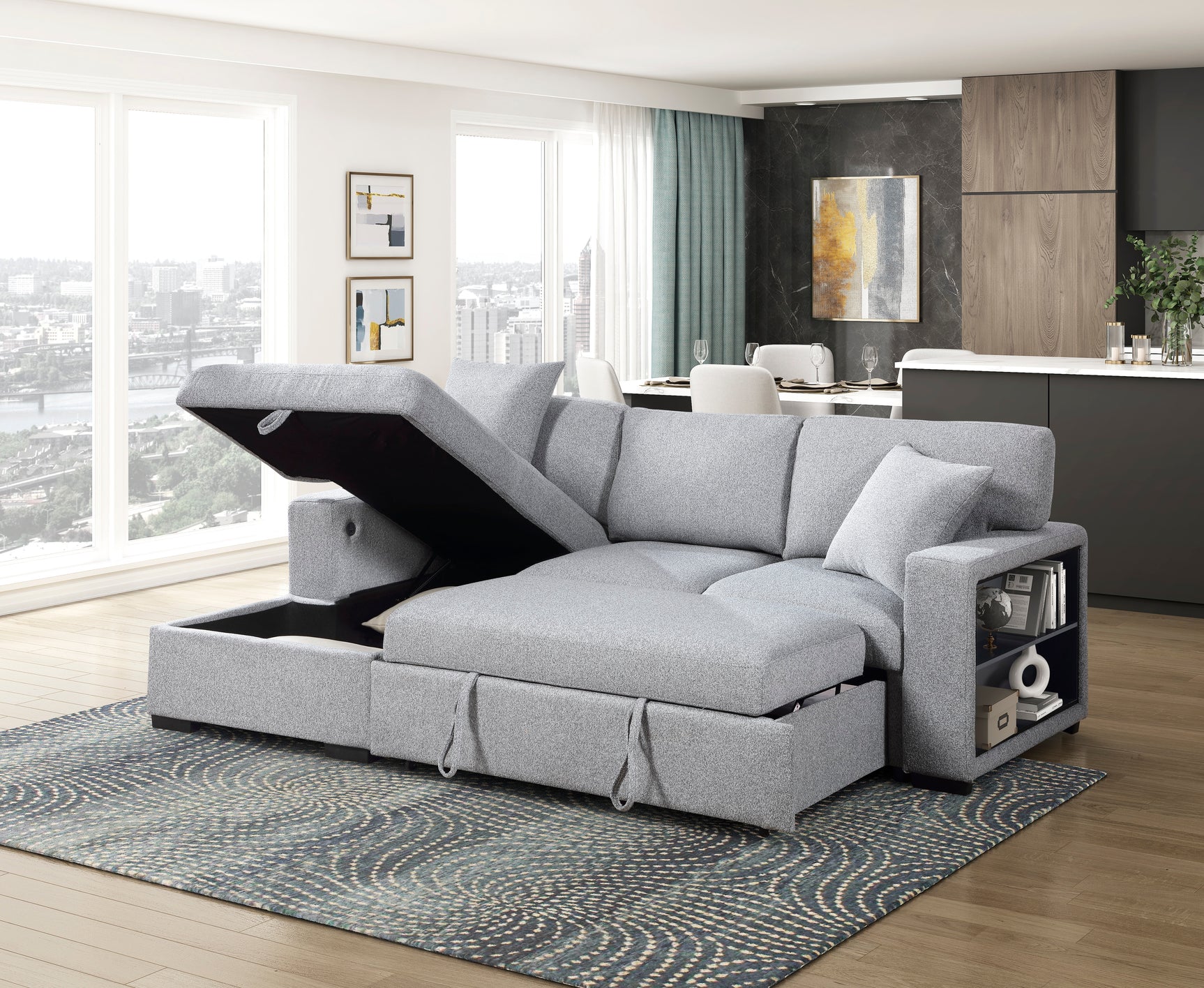 Pompano Sleeper Sectional with Left Chaise, Pull-out Bed and Hidden Storage, Charging Ports - Ornate Home