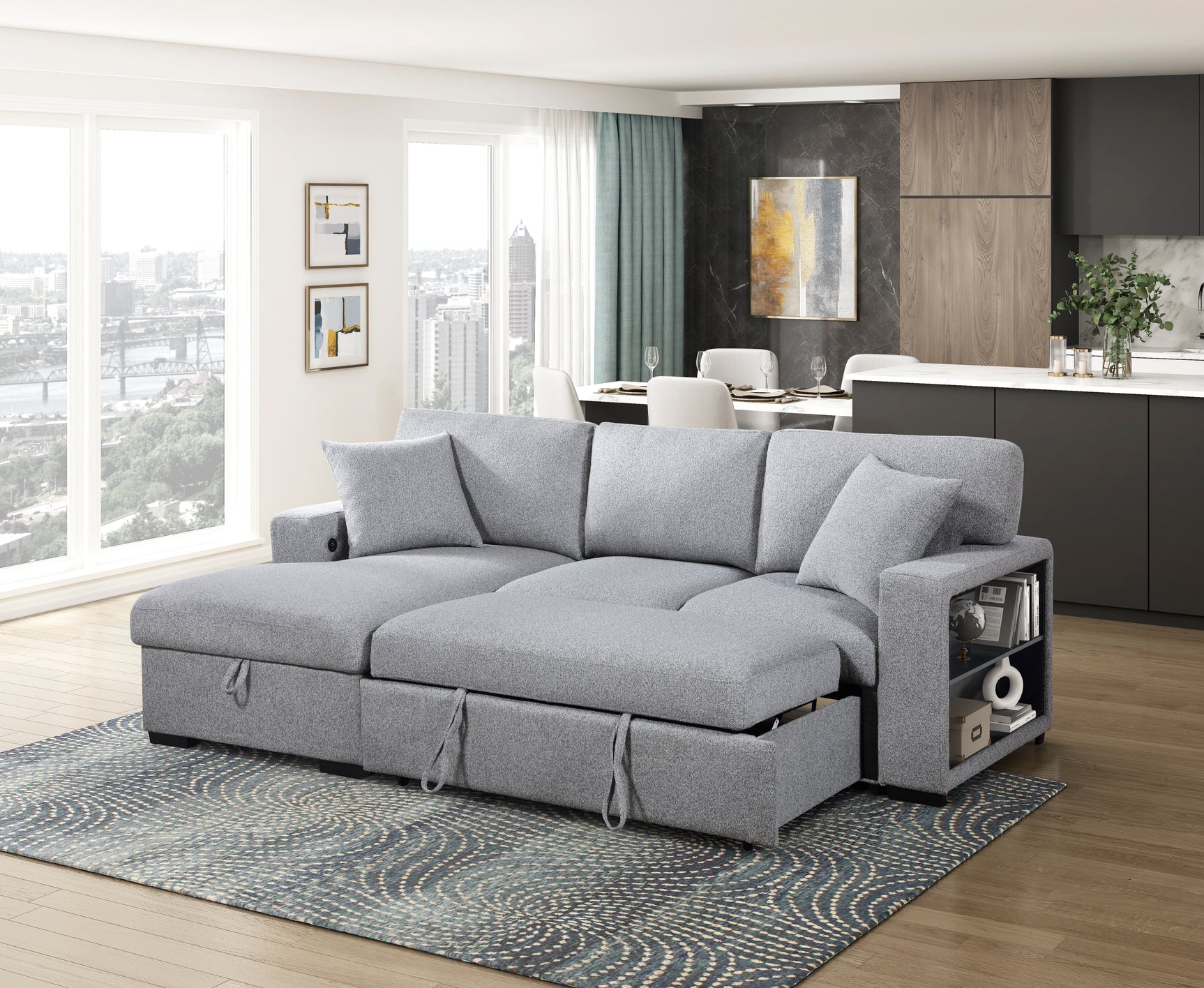 Pompano Sleeper Sectional with Left Chaise, Pull-out Bed and Hidden Storage, Charging Ports - Ornate Home
