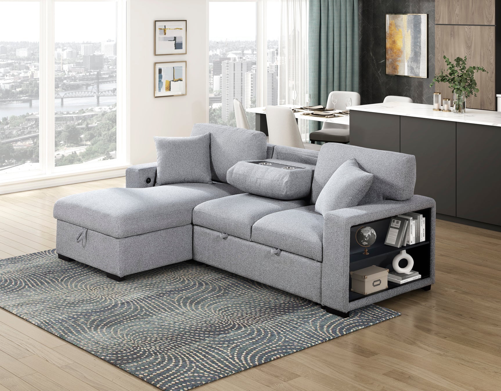 Pompano Sleeper Sectional with Left Chaise, Pull-out Bed and Hidden Storage, Charging Ports - Ornate Home