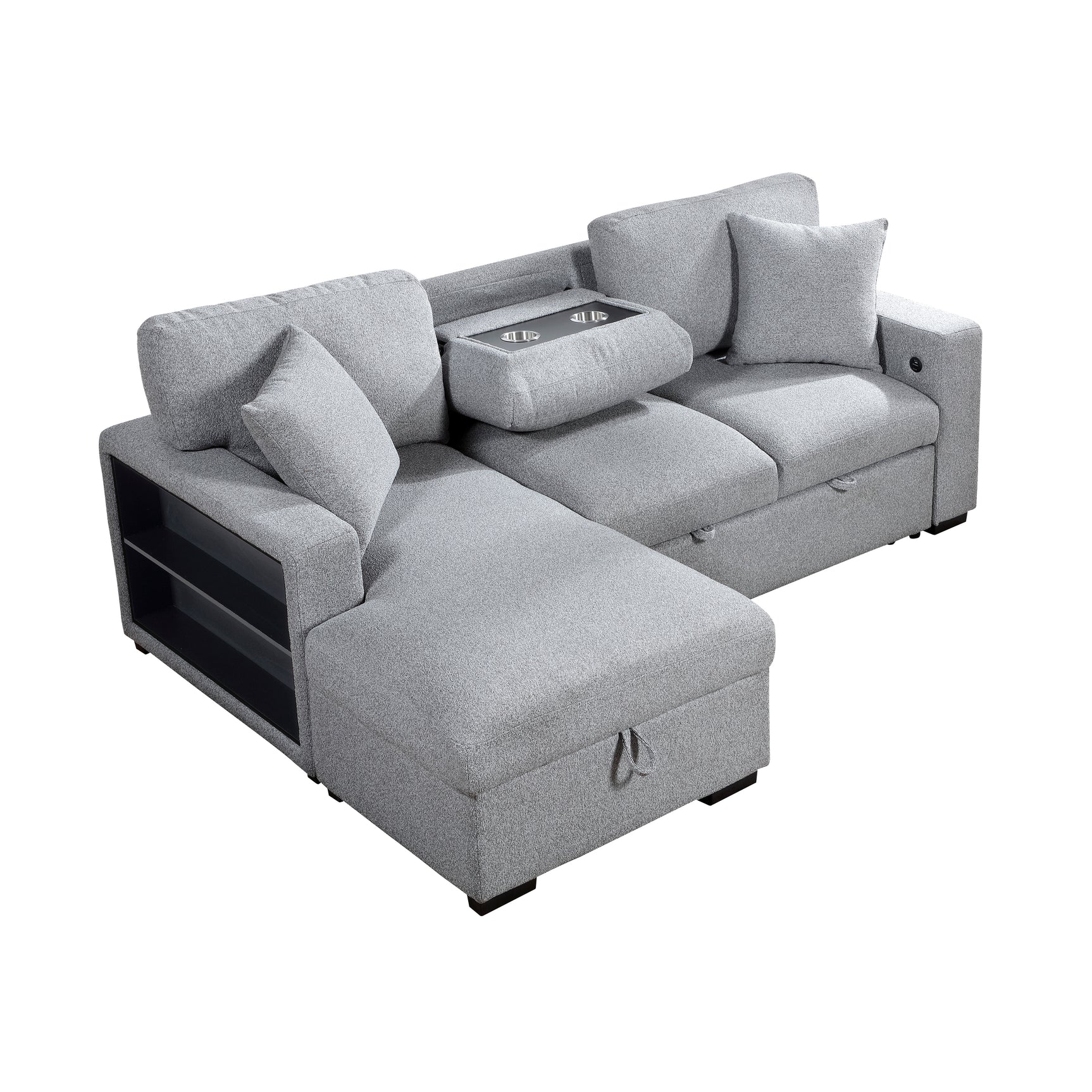 Pompano Sleeper Sectional with Left Chaise, Pull-out Bed and Hidden Storage, Charging Ports - Ornate Home
