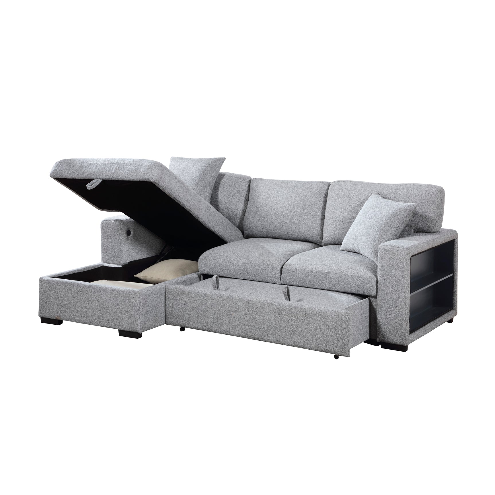 Pompano Sleeper Sectional with Left Chaise, Pull-out Bed and Hidden Storage, Charging Ports - Ornate Home