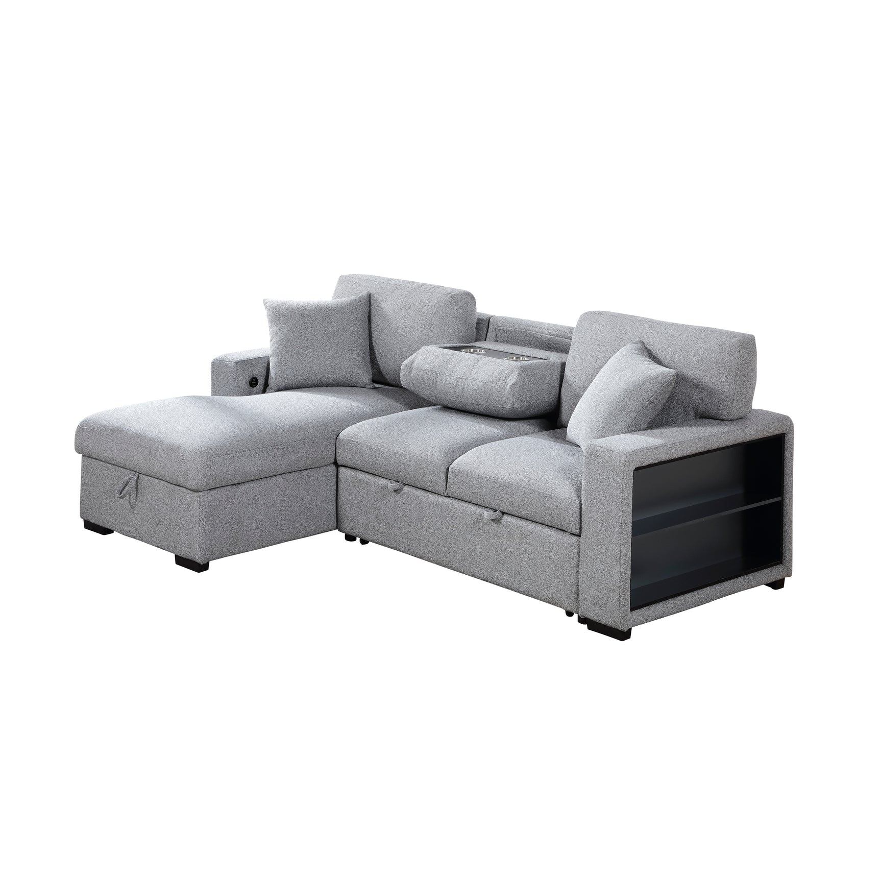 Pompano Sleeper Sectional with Left Chaise, Pull-out Bed and Hidden Storage, Charging Ports - Ornate Home