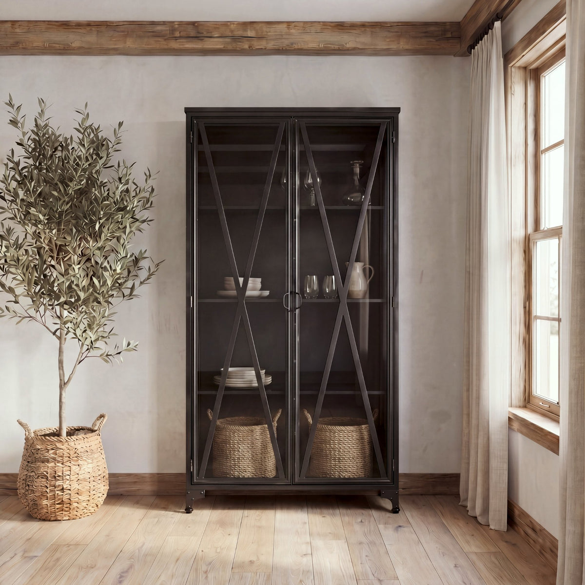 Poppy Black Metal with Glass Door Display Cabinet - Ornate Home