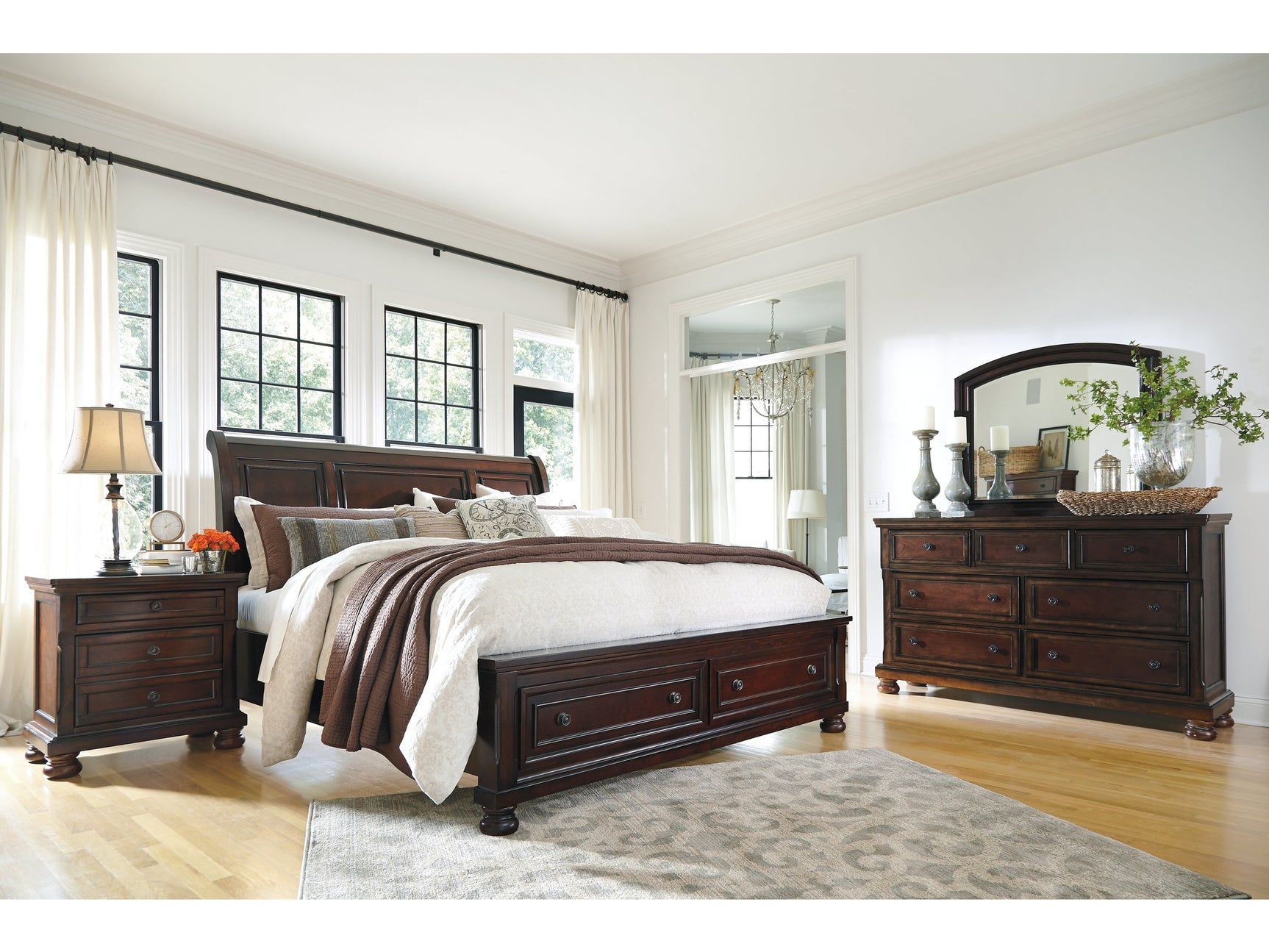 Porter Rustic Brown California King Sleigh Bedroom Set with Dresser, Mirror and Nightstand (Online Special Price) - Ornate Home