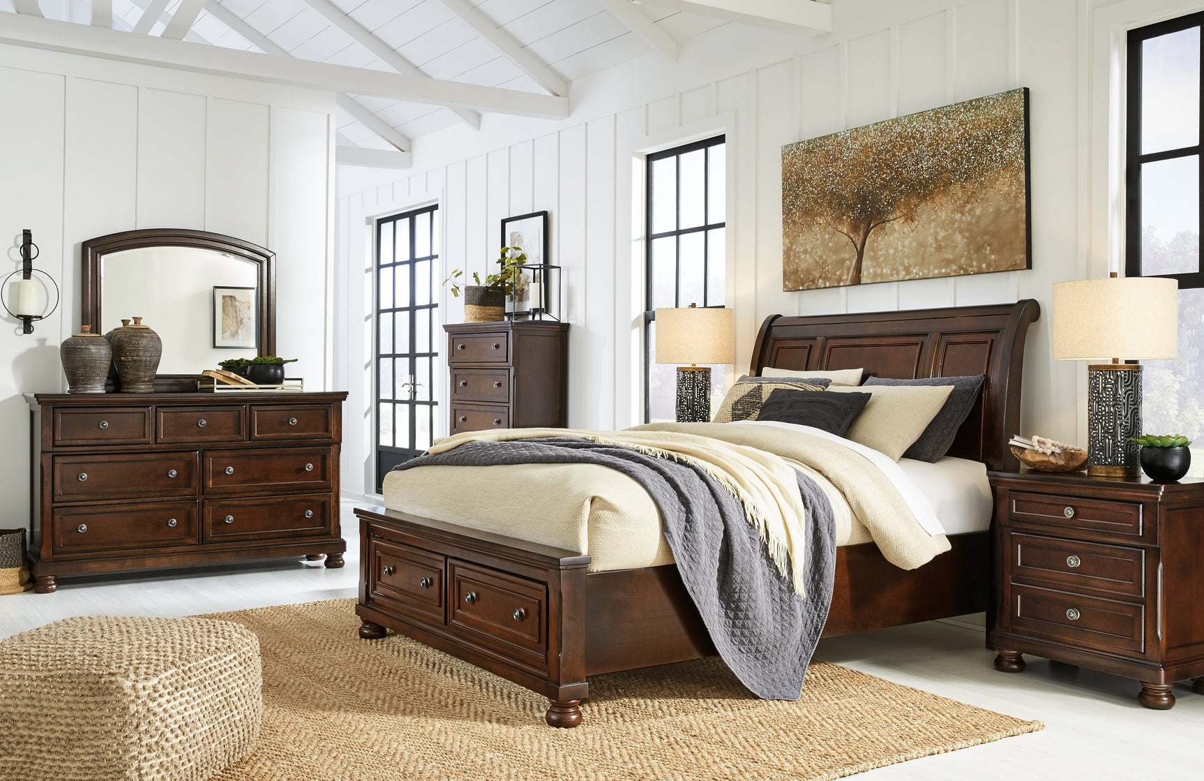 Porter Rustic Brown Queen Sleigh Storage Bedroom Set with Dresser, Mirror, Chest, and 2 Nightstands (Online Special Price) - Ornate Home