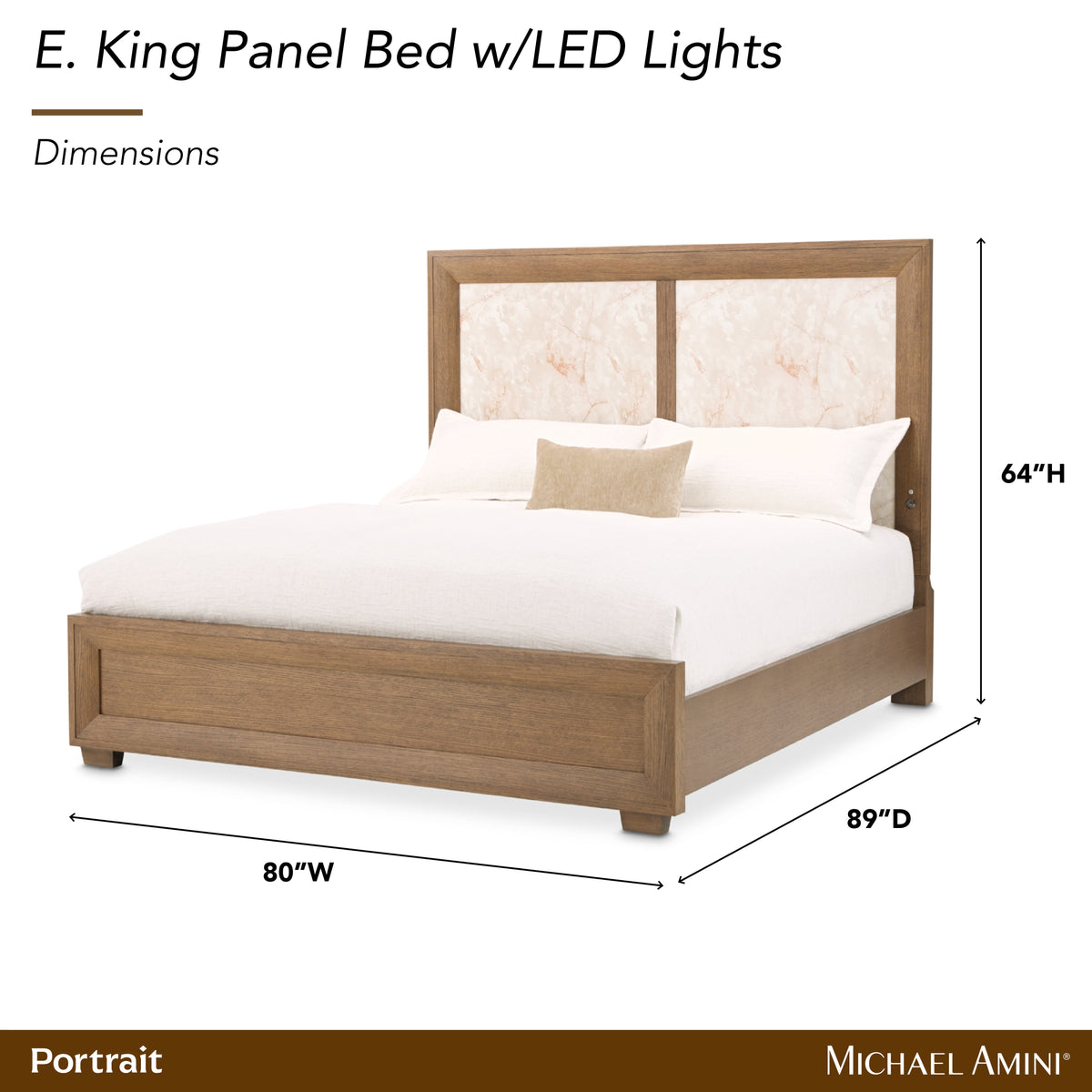 Portrait Sienna Brown Eastern King Panel Bed with LED Lights