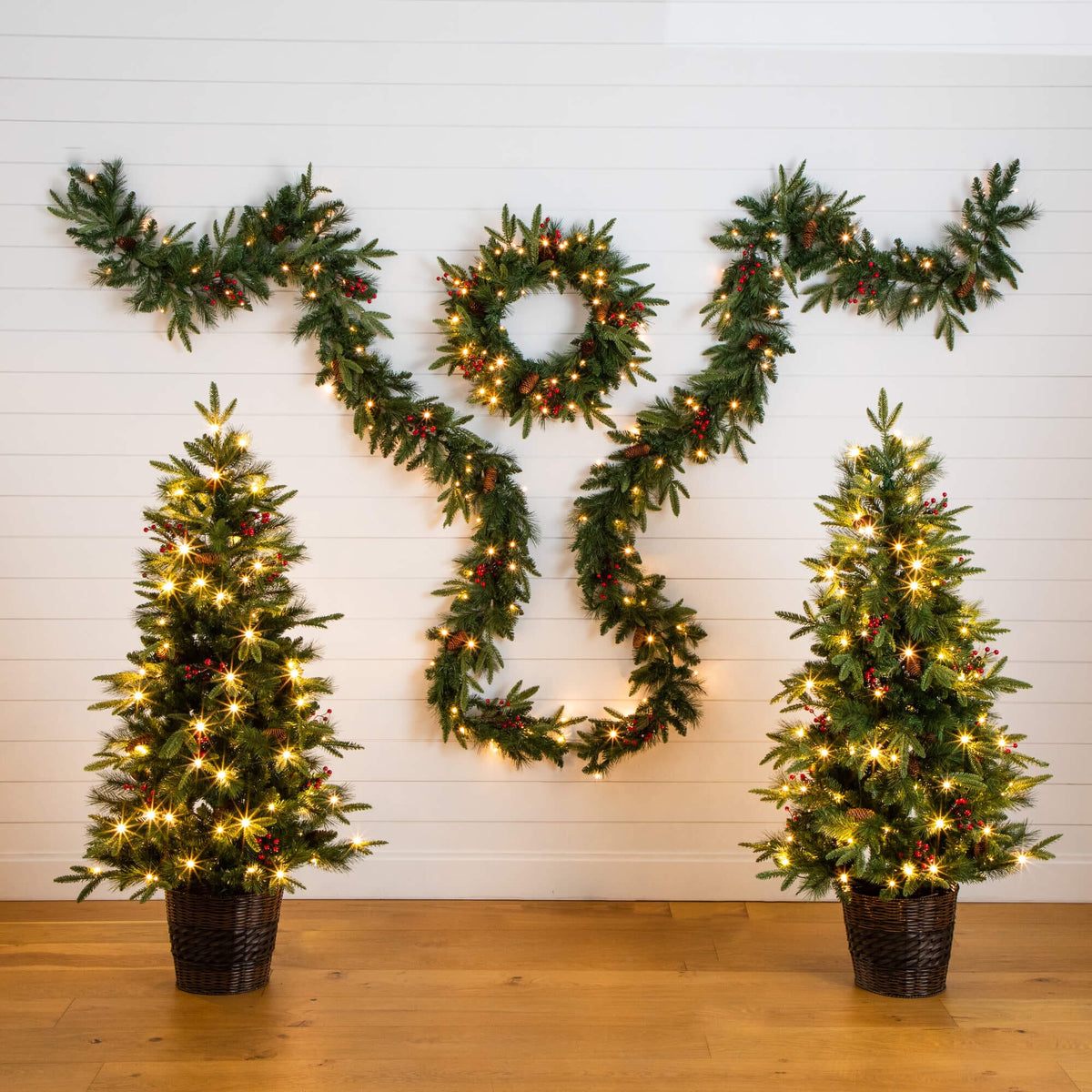 Pre-Lit Artificial Christmas Holiday 5 Piece Bundle with Pinecones & Berries- Set of 2 5' Christmas Trees, 24-in Wreath and set of 2 9-ft Garlands - Ornate Home