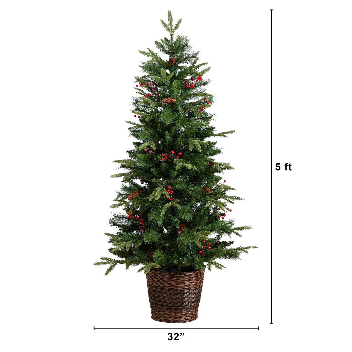 Pre-Lit Artificial Christmas Holiday 5 Piece Bundle with Pinecones & Berries- Set of 2 5' Christmas Trees, 24-in Wreath and set of 2 9-ft Garlands - Ornate Home