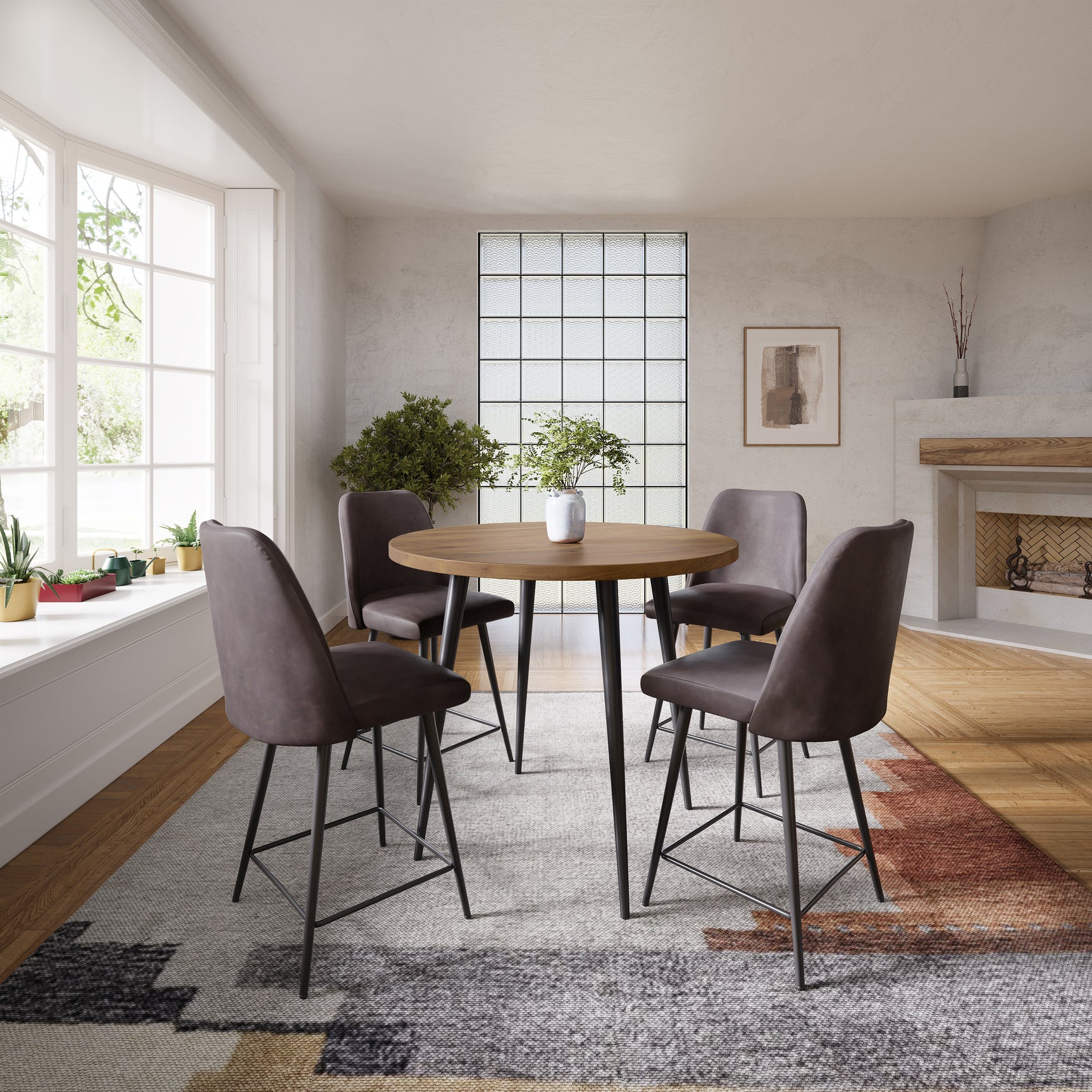 Prelude Suede/Dark Brown Round Counter Dining Table w/ 4 Maddox Stools - Ornate Home