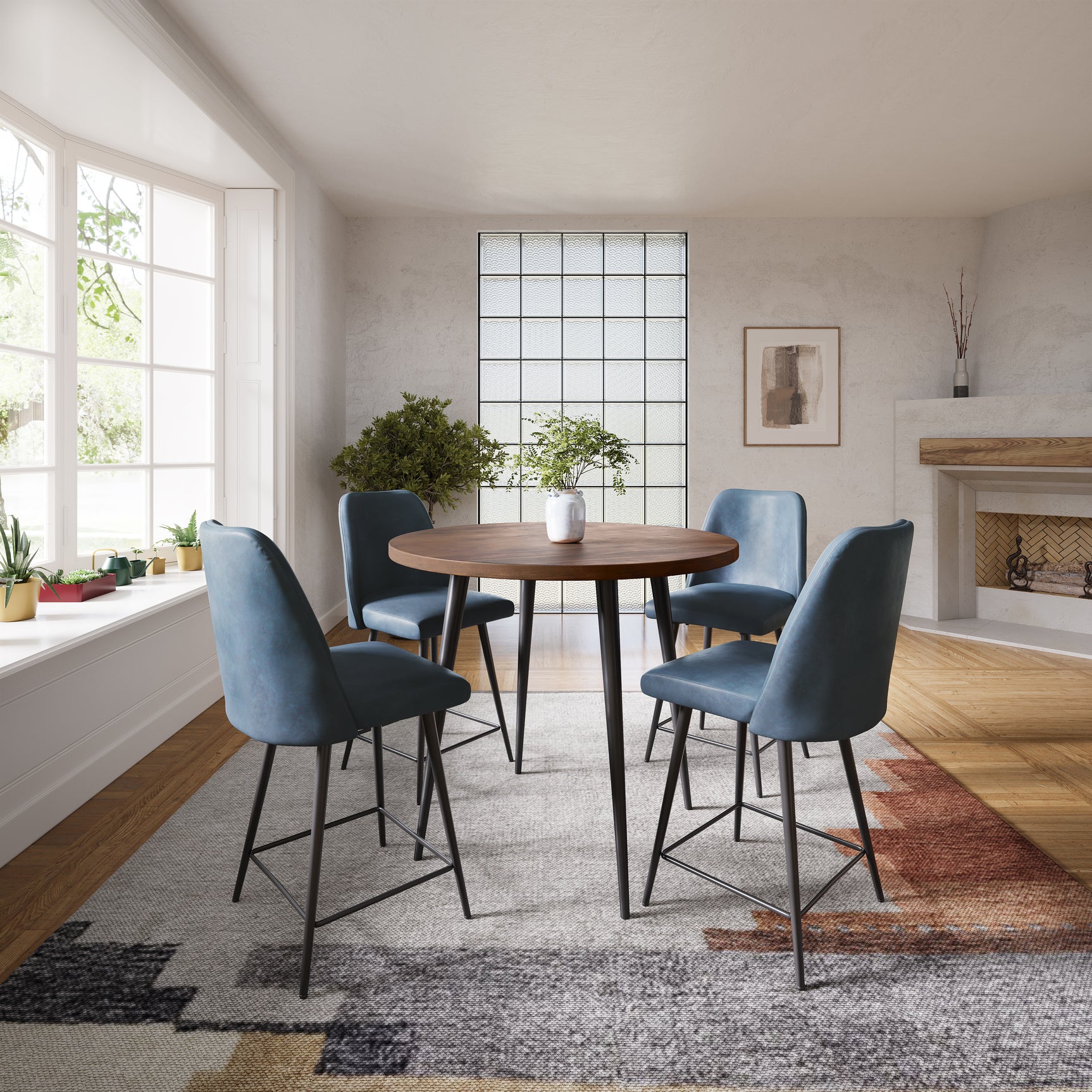 Prelude Walnut/Blueberry Round Counter Dining Table w/ 4 Maddox Stools - Ornate Home