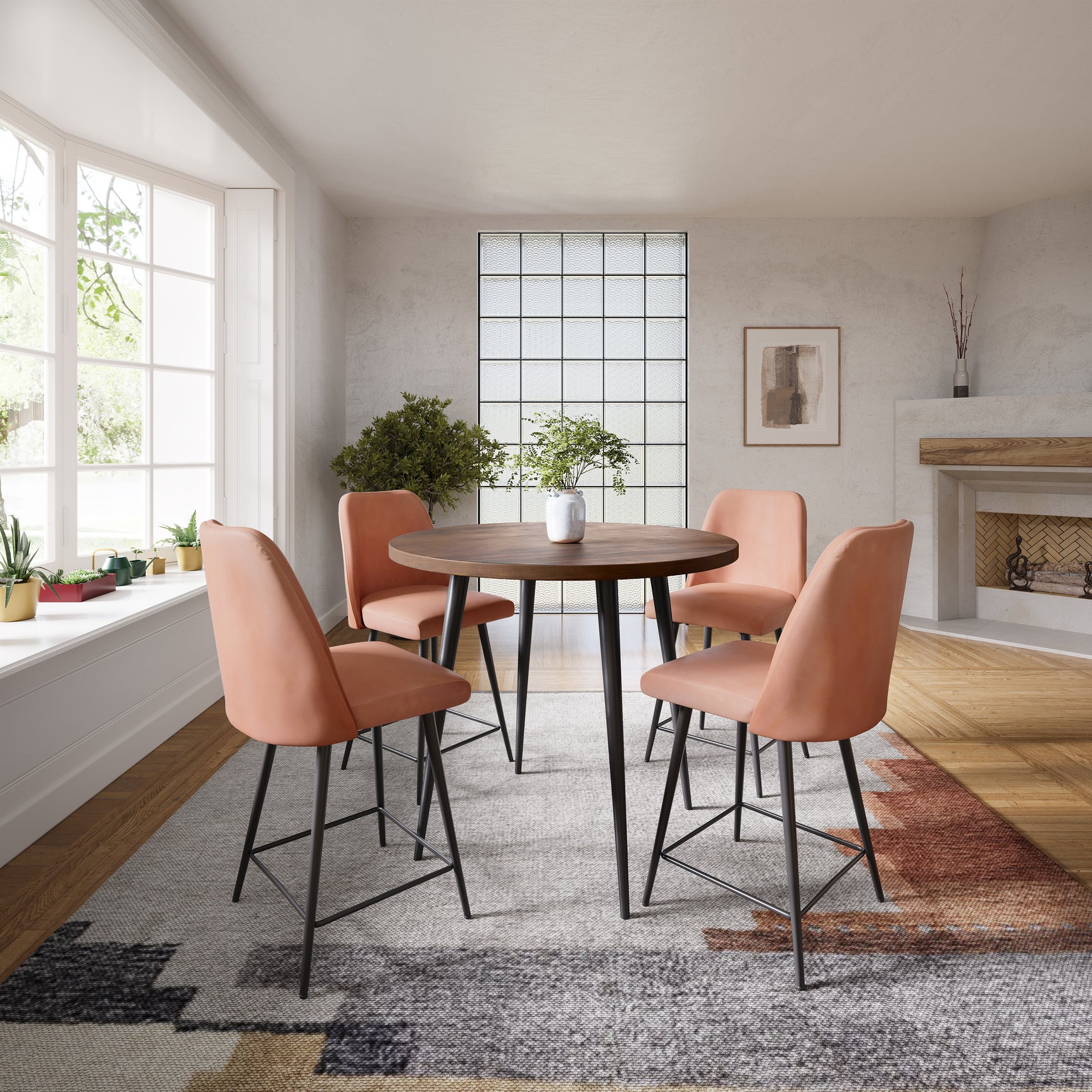 Prelude Walnut/Light Brown Round Counter Dining Table w/ 4 Maddox Stools - Ornate Home