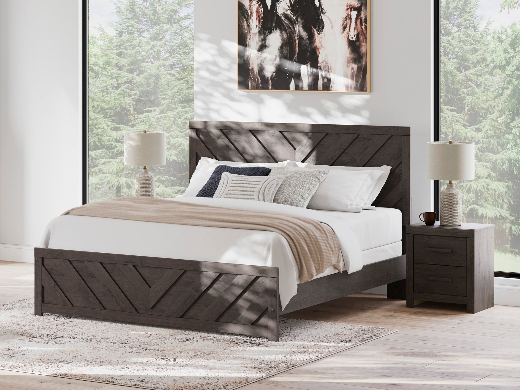 Prendonea Charcoal King Panel Bed, Dresser and Mirror - Ornate Home