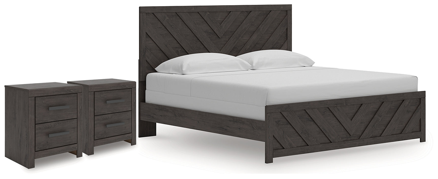 Prendonea Charcoal King Panel Bed and 2 Nightstands - Ornate Home