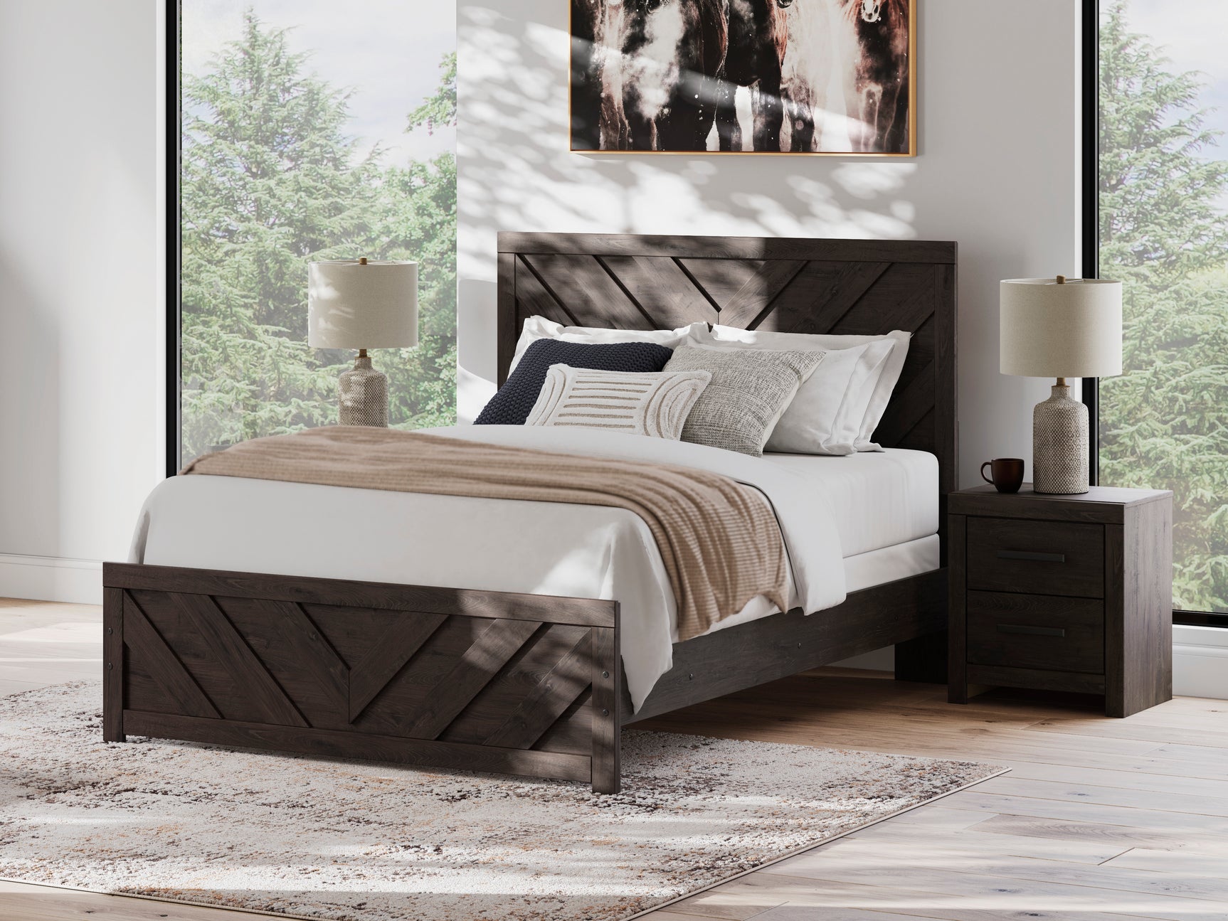 Prendonea Charcoal Queen Panel Bed, Dresser, Mirror, Chest and 2 Nightstands - Ornate Home