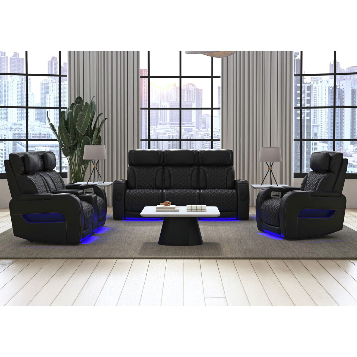 Prime Time Jett Black P3 Loveseat with LED, Wireless Charger Pocket, and Console with Red Stitching - Ornate Home