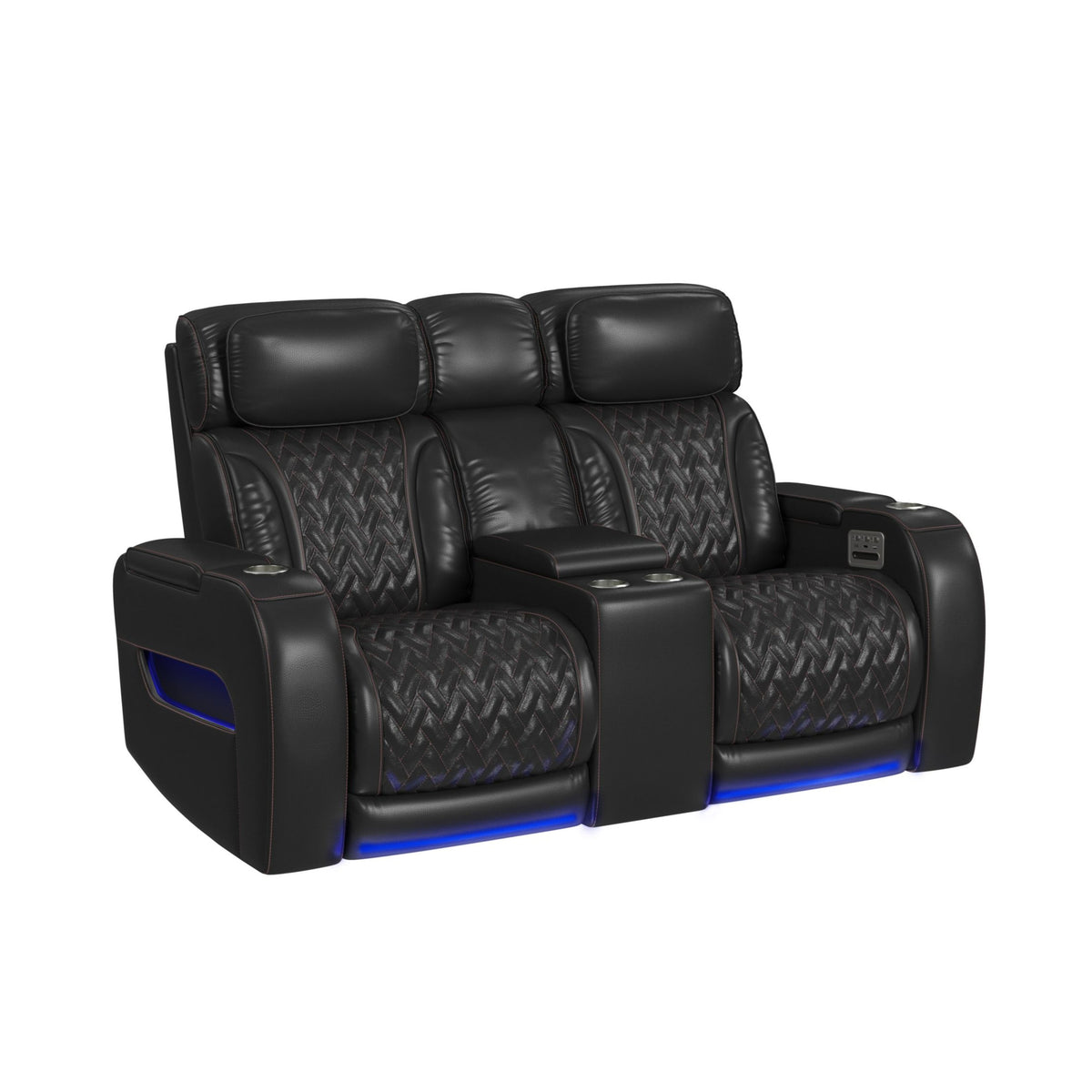 Prime Time Jett Black P3 Loveseat with LED, Wireless Charger Pocket, and Console with Red Stitching - Ornate Home