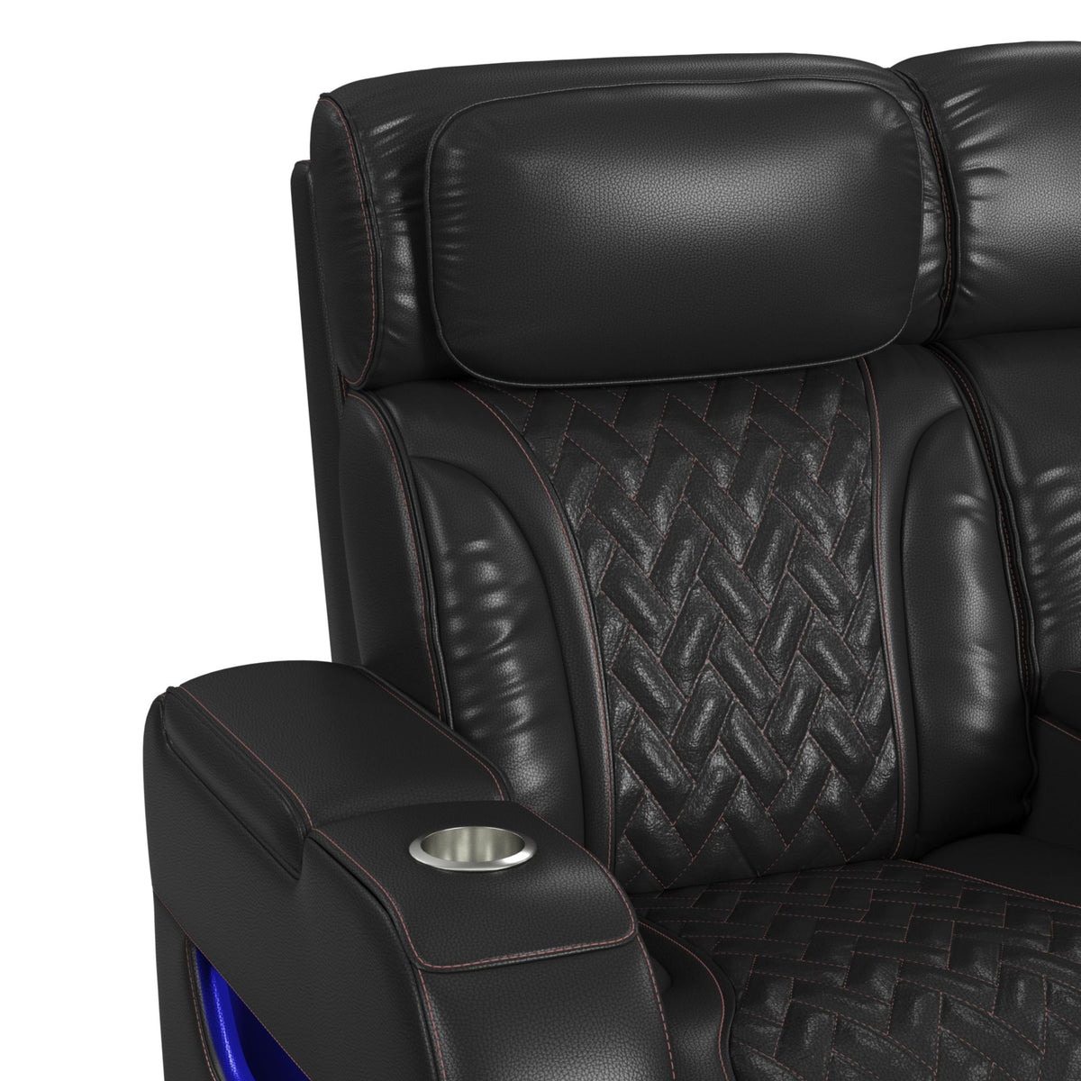 Prime Time Jett Black P3 Loveseat with LED, Wireless Charger Pocket, and Console with Red Stitching - Ornate Home