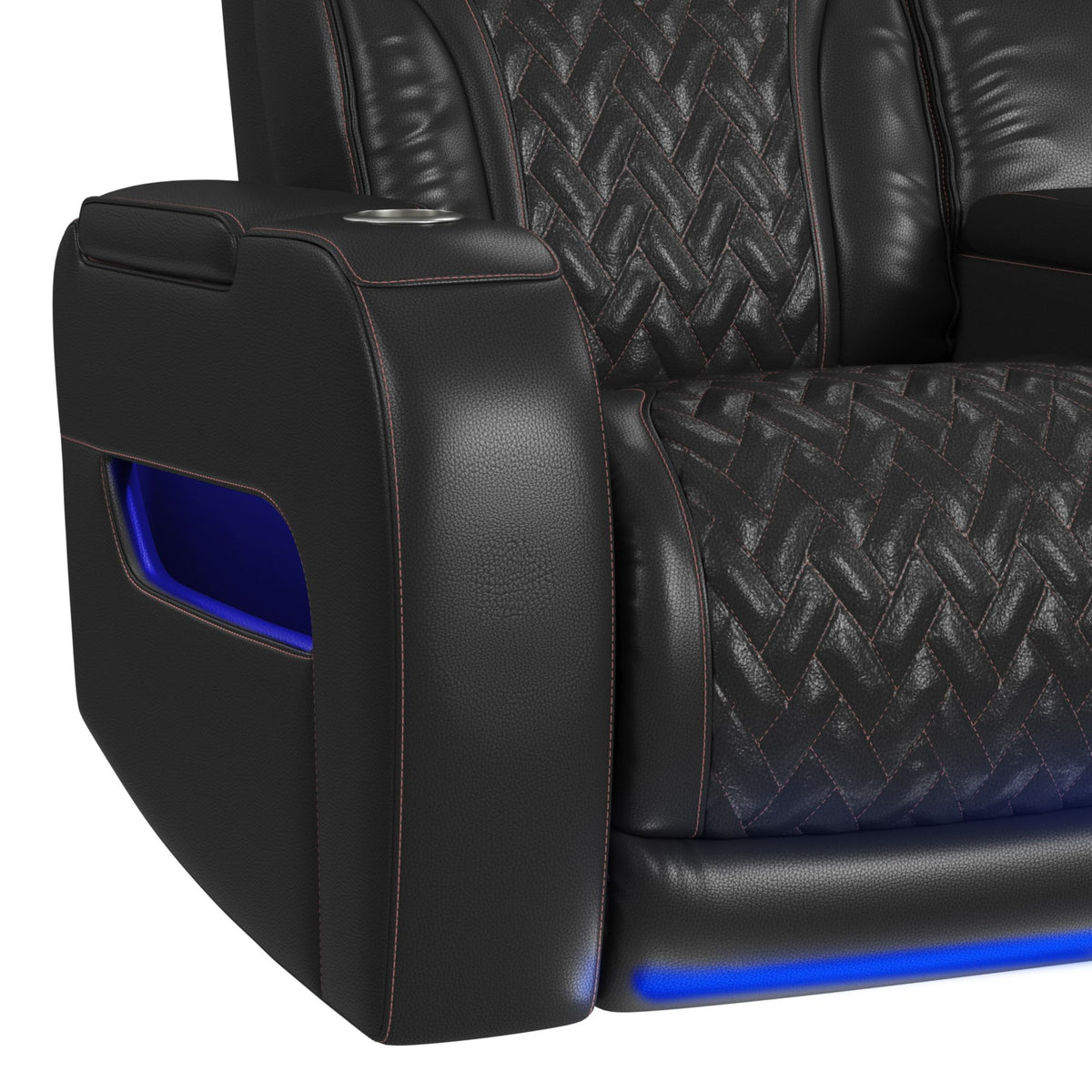 Prime Time Jett Black P3 Loveseat with LED, Wireless Charger Pocket, and Console with Red Stitching - Ornate Home