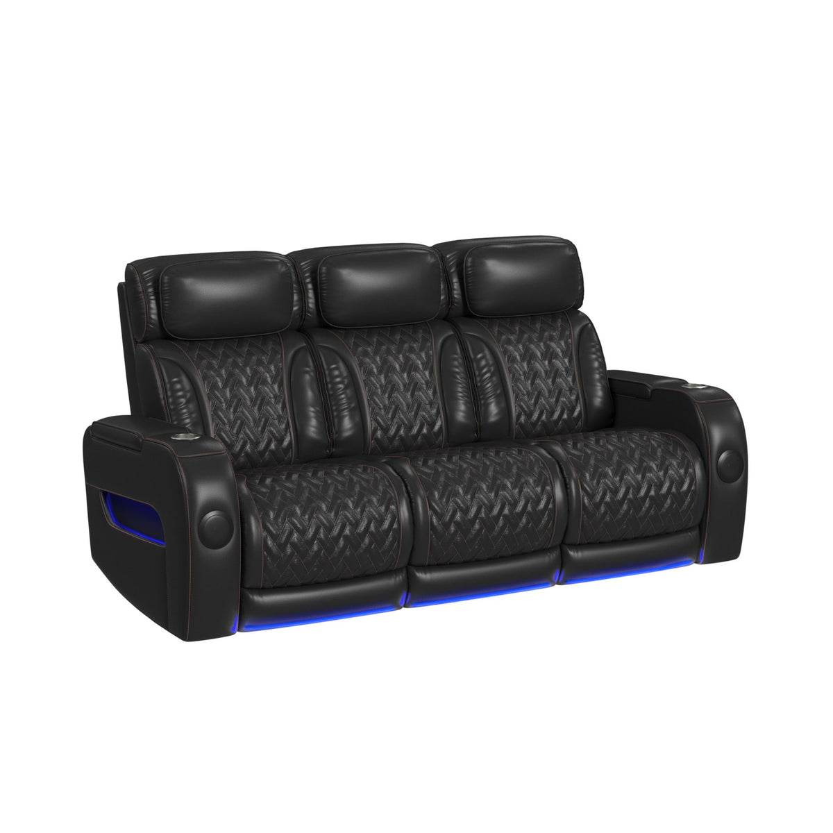 Prime Time Jett Black P3 Sofa with I Table, Reading Light, Heat, Massage, LED, and Speaker with Red Stitching - Ornate Home