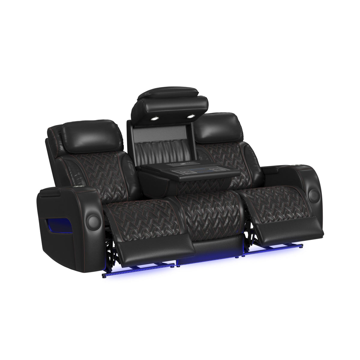Prime Time Jett Black P3 Sofa with I Table, Reading Light, Heat, Massage, LED, and Speaker with Red Stitching - Ornate Home