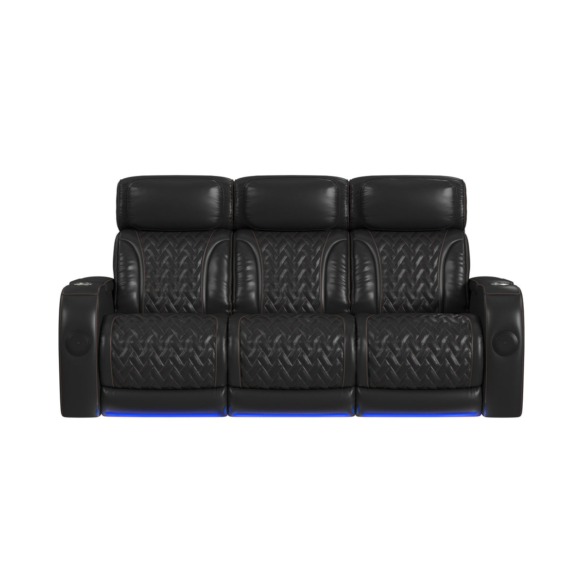 Prime Time Jett Black P3 Sofa with I Table, Reading Light, Heat, Massage, LED, and Speaker with Red Stitching - Ornate Home