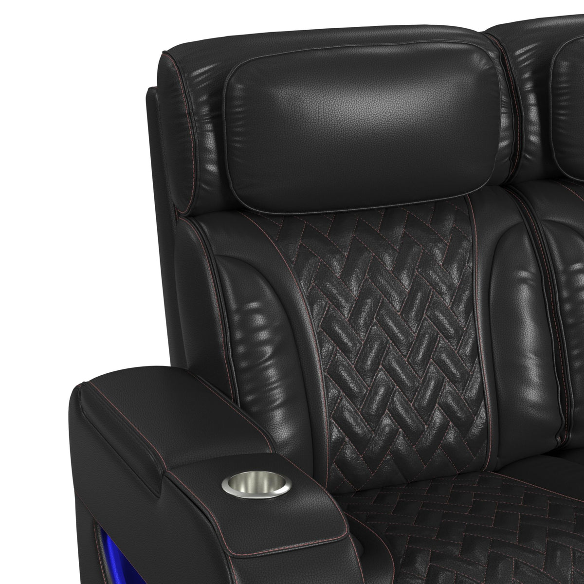 Prime Time Jett Black P3 Sofa with I Table, Reading Light, Heat, Massage, LED, and Speaker with Red Stitching - Ornate Home